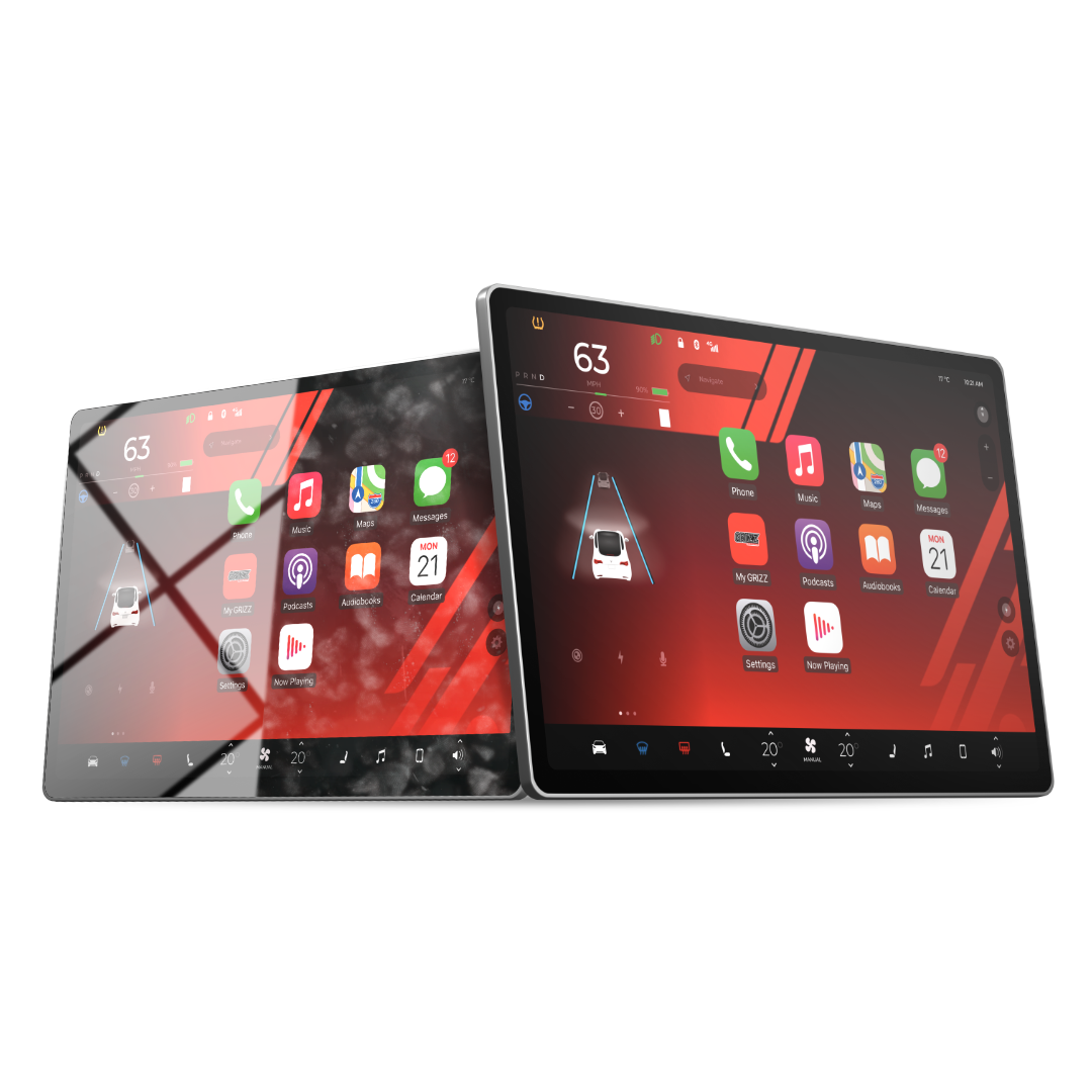 Două tablete negre cu folie mată GrizzProtector Displayschutzfolie pentru Range Rover Velar afișează jocuri și pictograme roșii ale aplicațiilor.