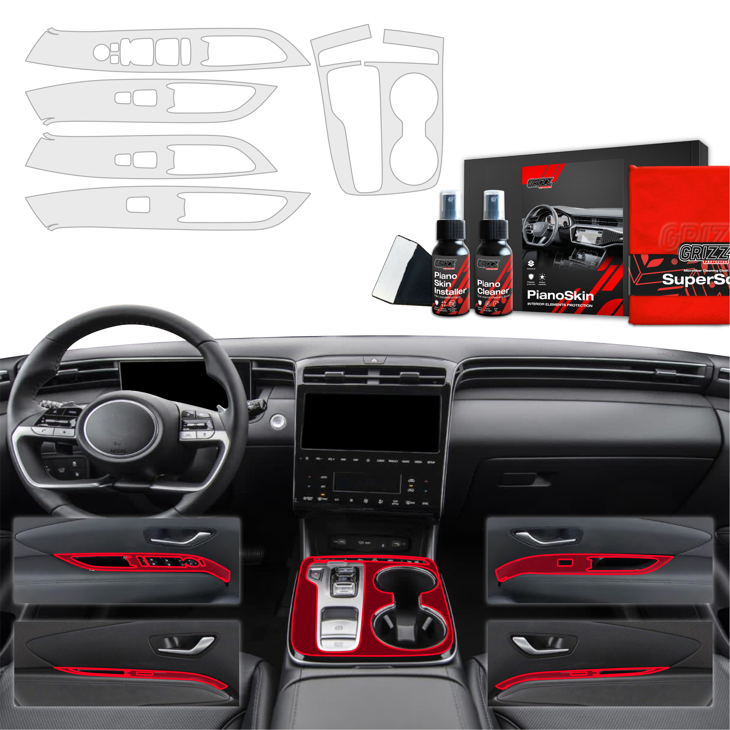 Car interior with red-trimmed dashboard, GrizzProtector 5in1 Mittelkonsole Schutzfolie for Hyundai Tucson N-Line (2021-2024).