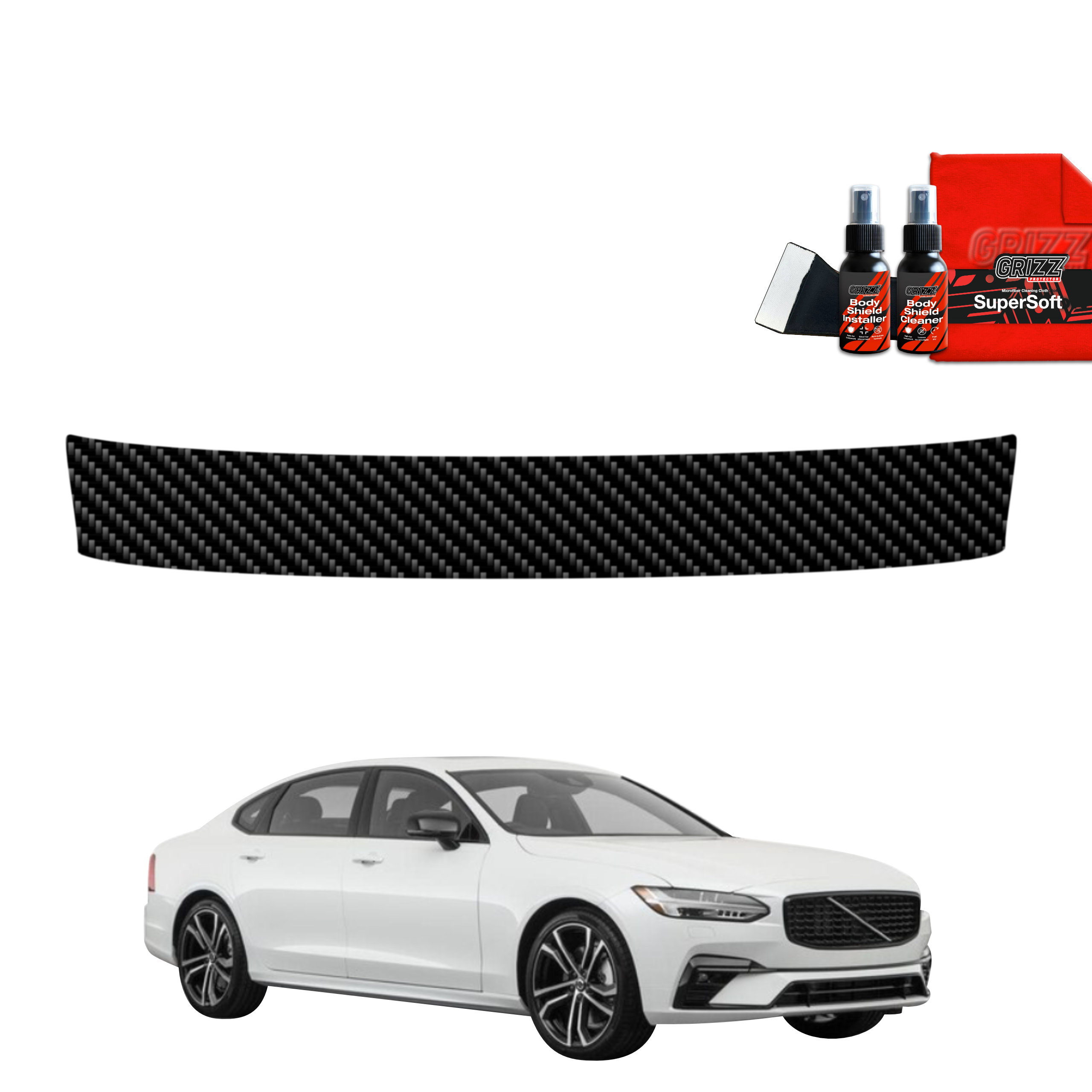 A white Volvo S90 Sedan with a black GrizzProtector Kohlenstoff Schutzfolie für Ladekante and car care spray & cloth.