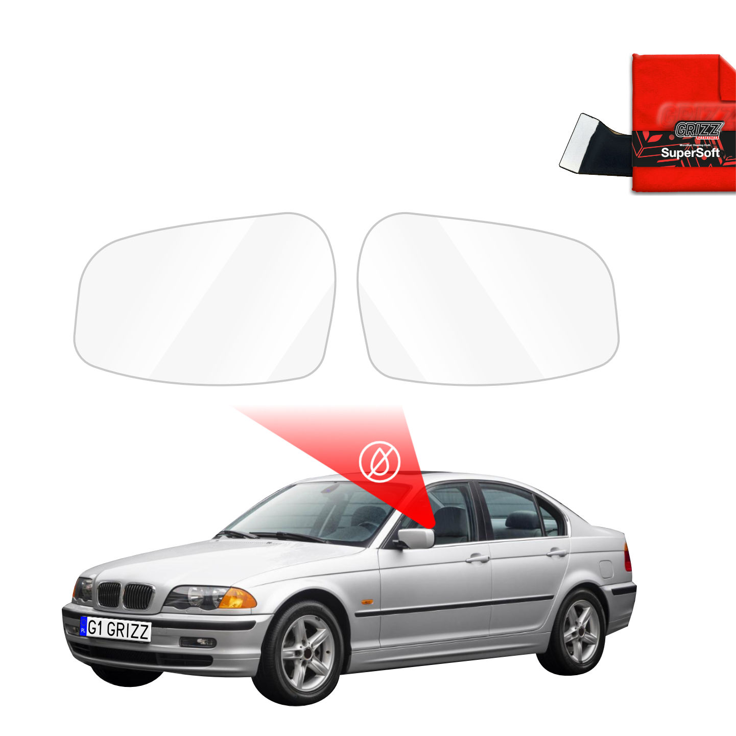 Two GrizzProtector Regenschutzfolie for BMW 3 E46 Sedan (1998-2001) shown above a silver sedan with highlighted mirrors.
