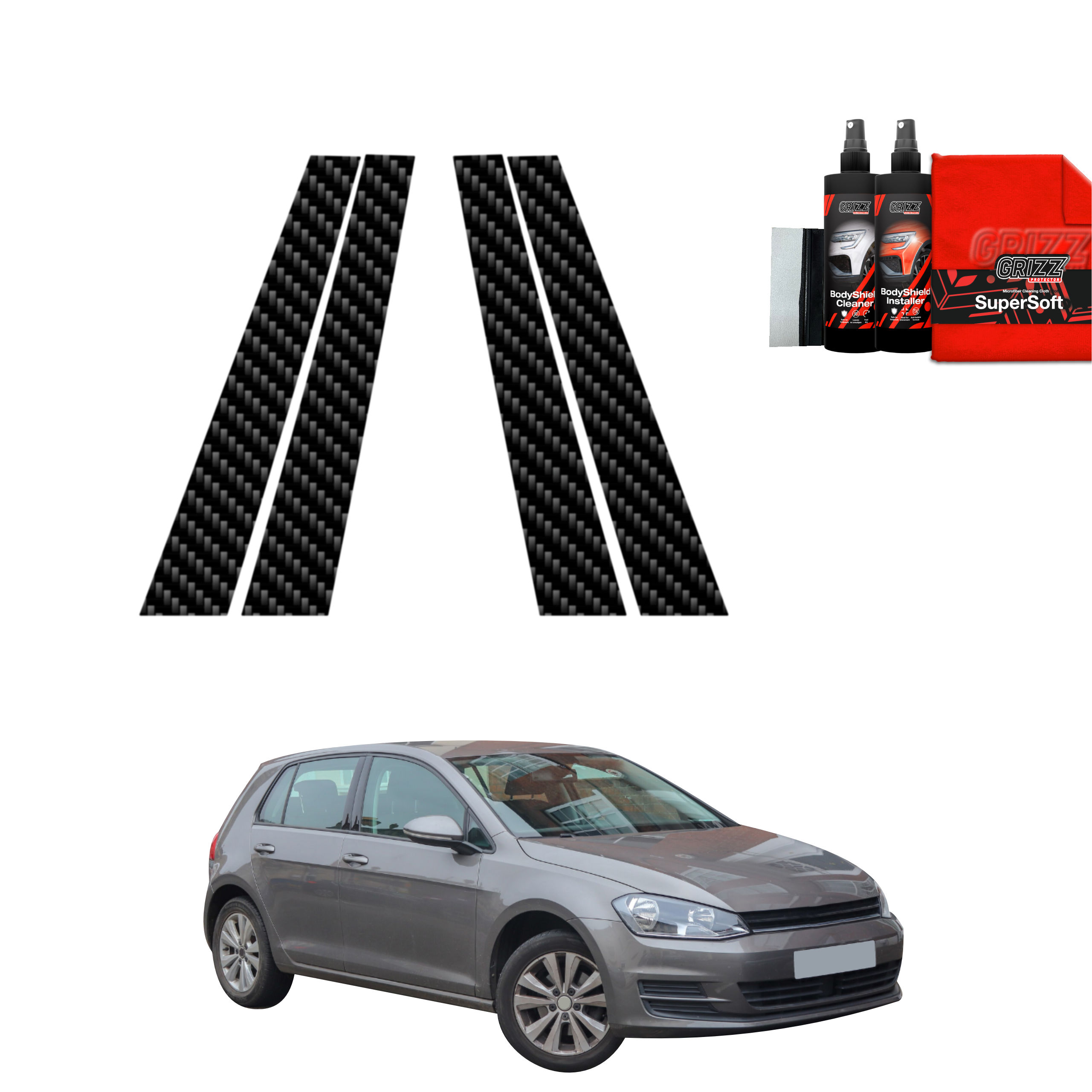 GrizzProtector 4in1 carbon B-pillar wrap kit for VW Golf 7 hatchback (2012-2020) shown with cleaner & red cloth.