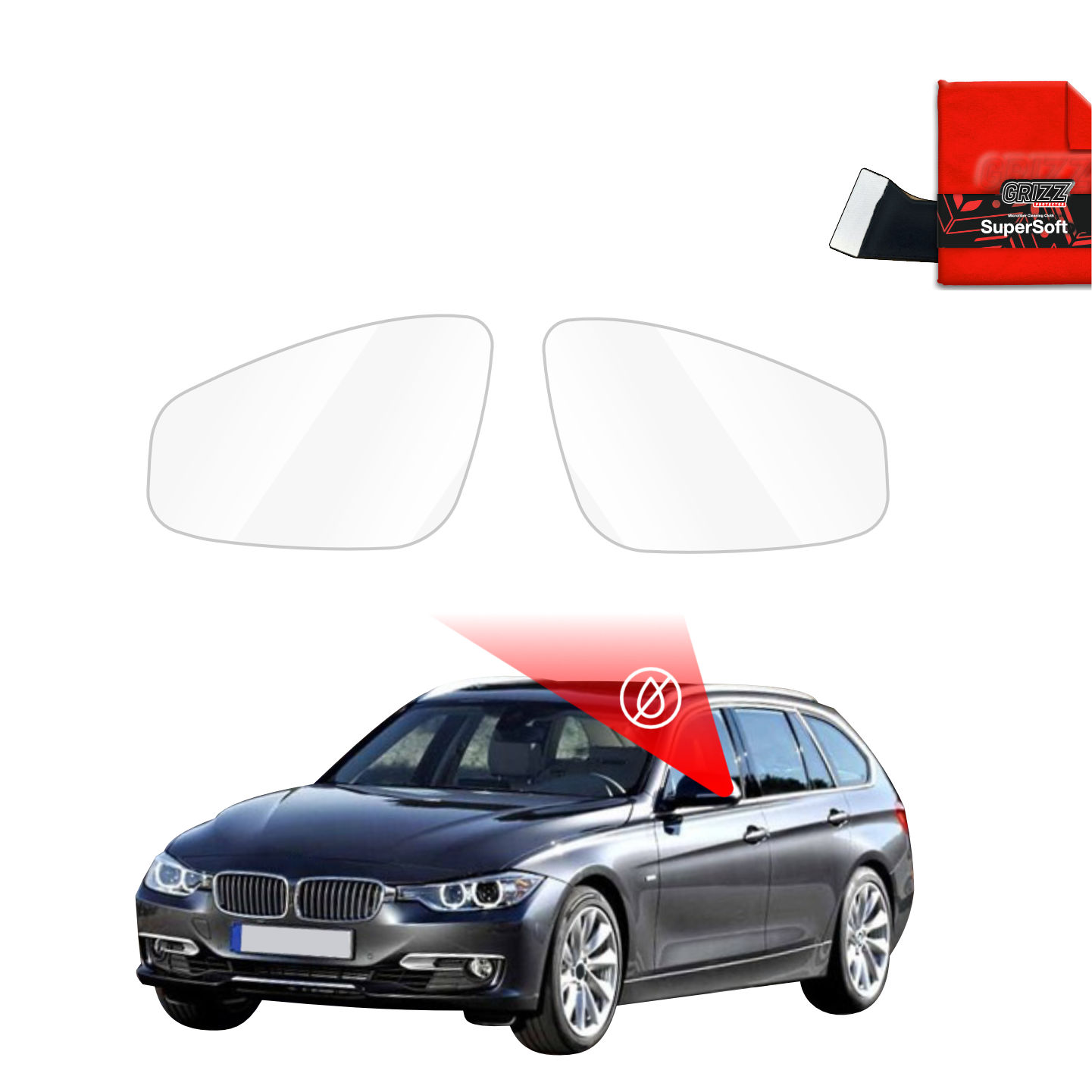 Two GrizzProtector Regenschutzfolie for BMW 3 F31 Kombi (2011-2015) Außenspiegel shown above a station wagon.