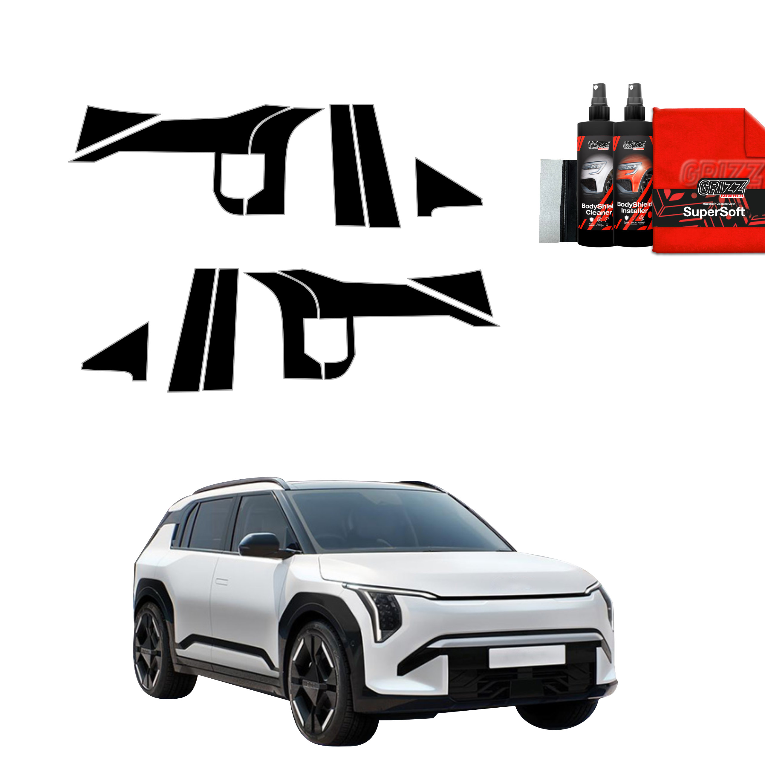 White Kia EV3 GT Line with GrizzProtector 12in1 schwarze Schutzfolie, plus car care products on white background.