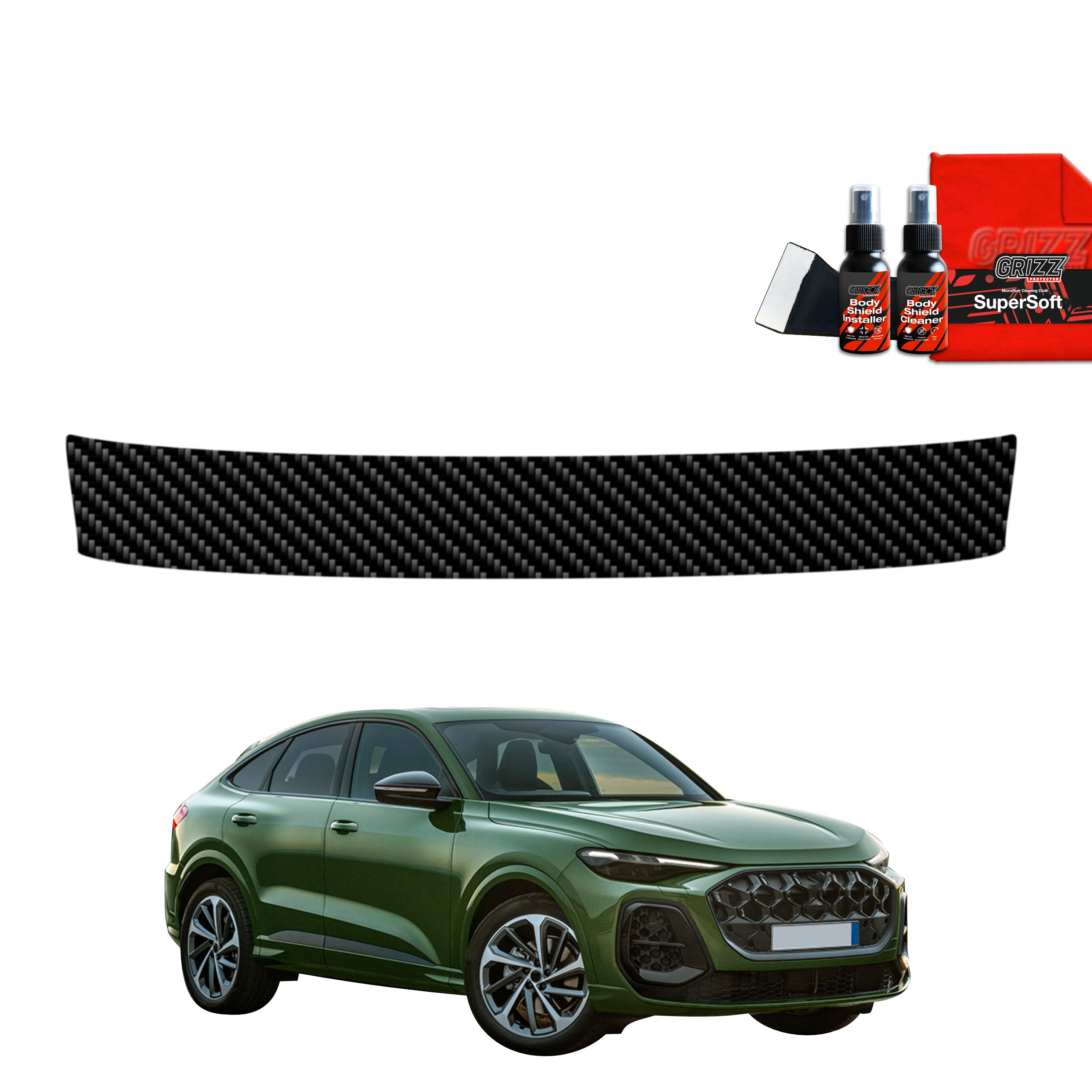 Green Audi Q5 Sportback with GrizzProtector Kohlenstoff Schutzfolie für Ladekante and care products shown above.