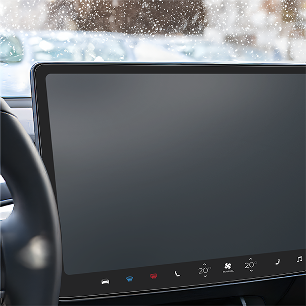 Prim-plan cu folia de protecție GrizzProtector pentru ecranul Cupra Formentor 10" (2020-2024) mată pe bord, văzută prin ploaie.