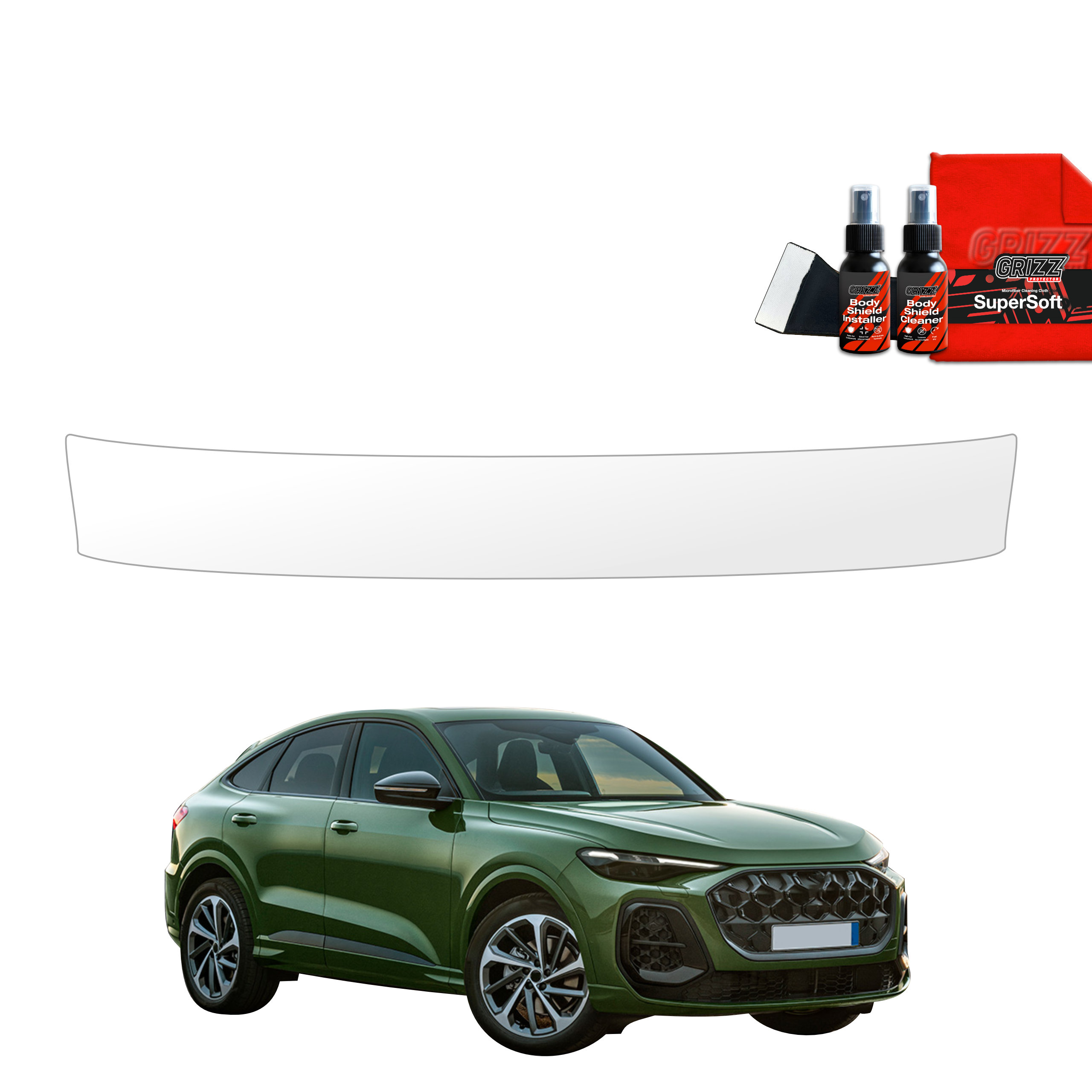 GrizzProtector beschermfolie voor laadrand - Audi Q5 Sportback (2025) kit getoond met spray en doek op witte achtergrond.