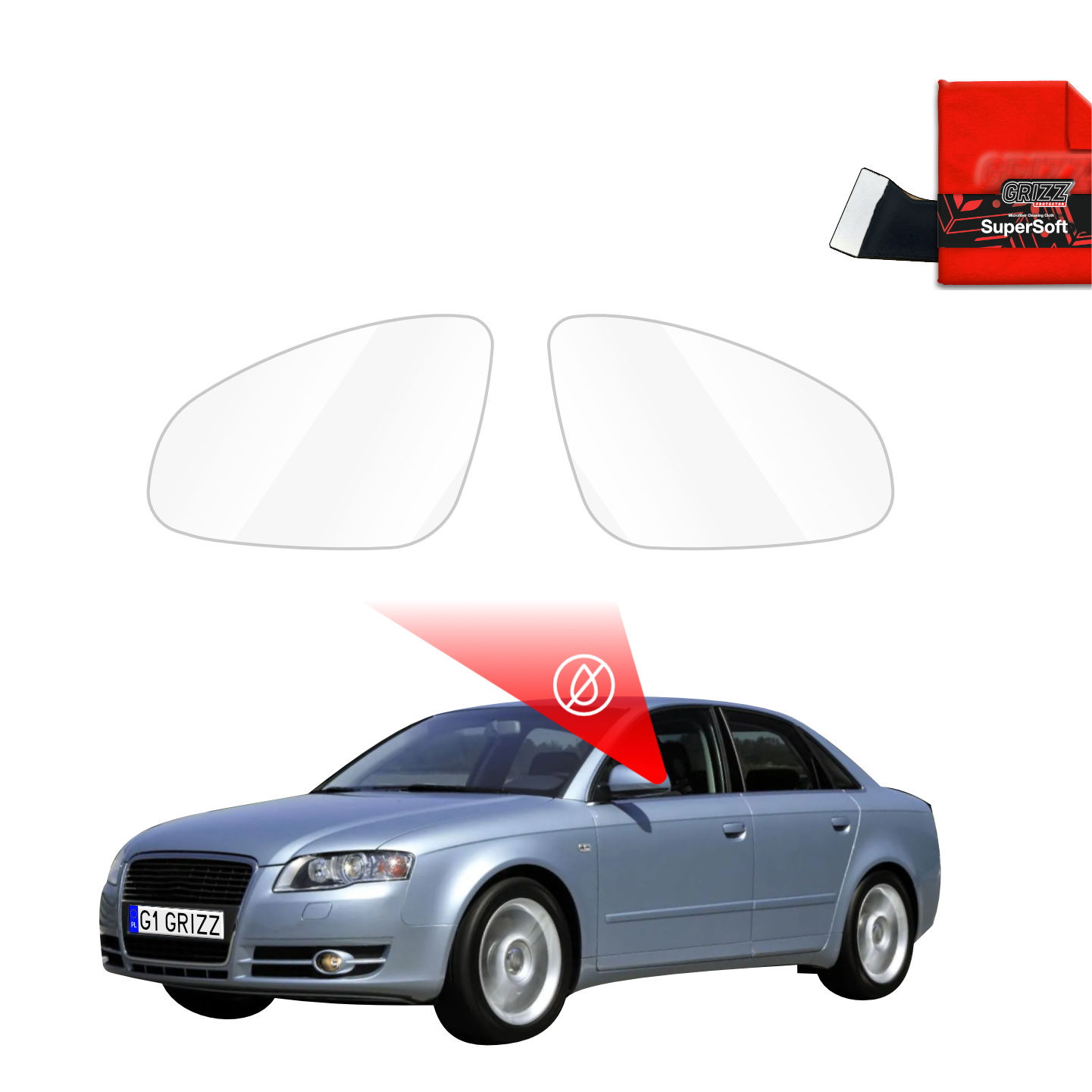 Two GrizzProtector Regenschutzfolie for Audi A4 B7 (2004-2008) with cleaning cloth, focus on side mirror area.