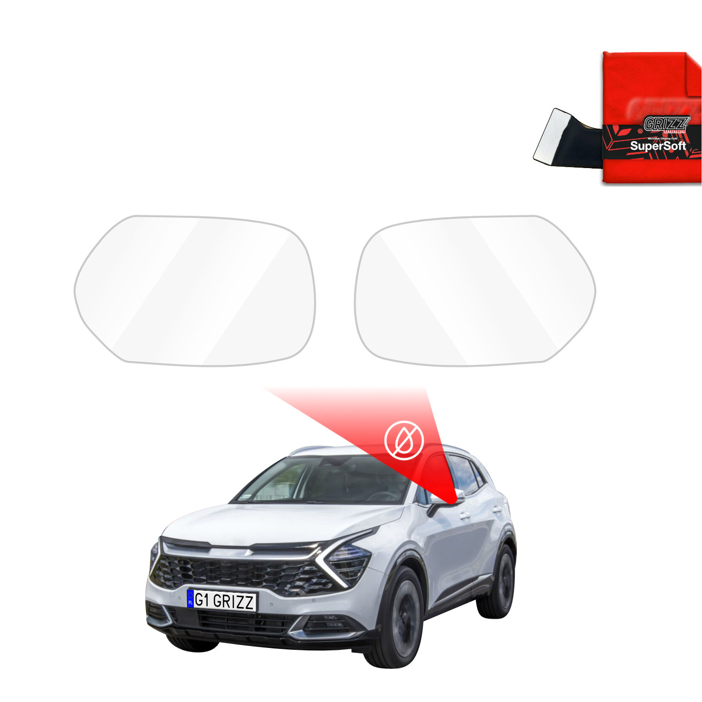Two GrizzProtector Regenschutzfolie für Außenspiegel for Kia Sportage 5, with ZeroDrop cloth and squeegee shown.