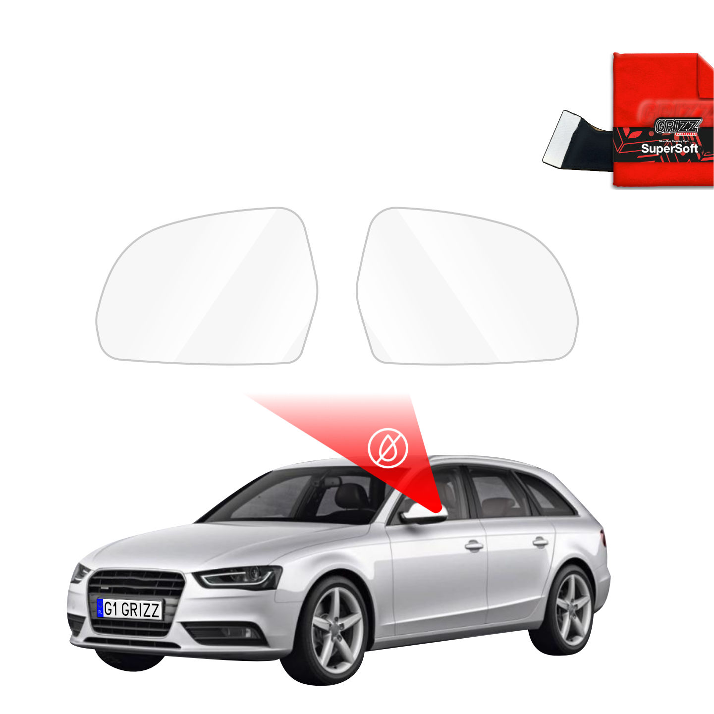 GrizzProtector Regenschutzfolie for Audi A4 B8 Avant mirrors, shown with red cloth and ZeroDrop Spiegel Folie tool.