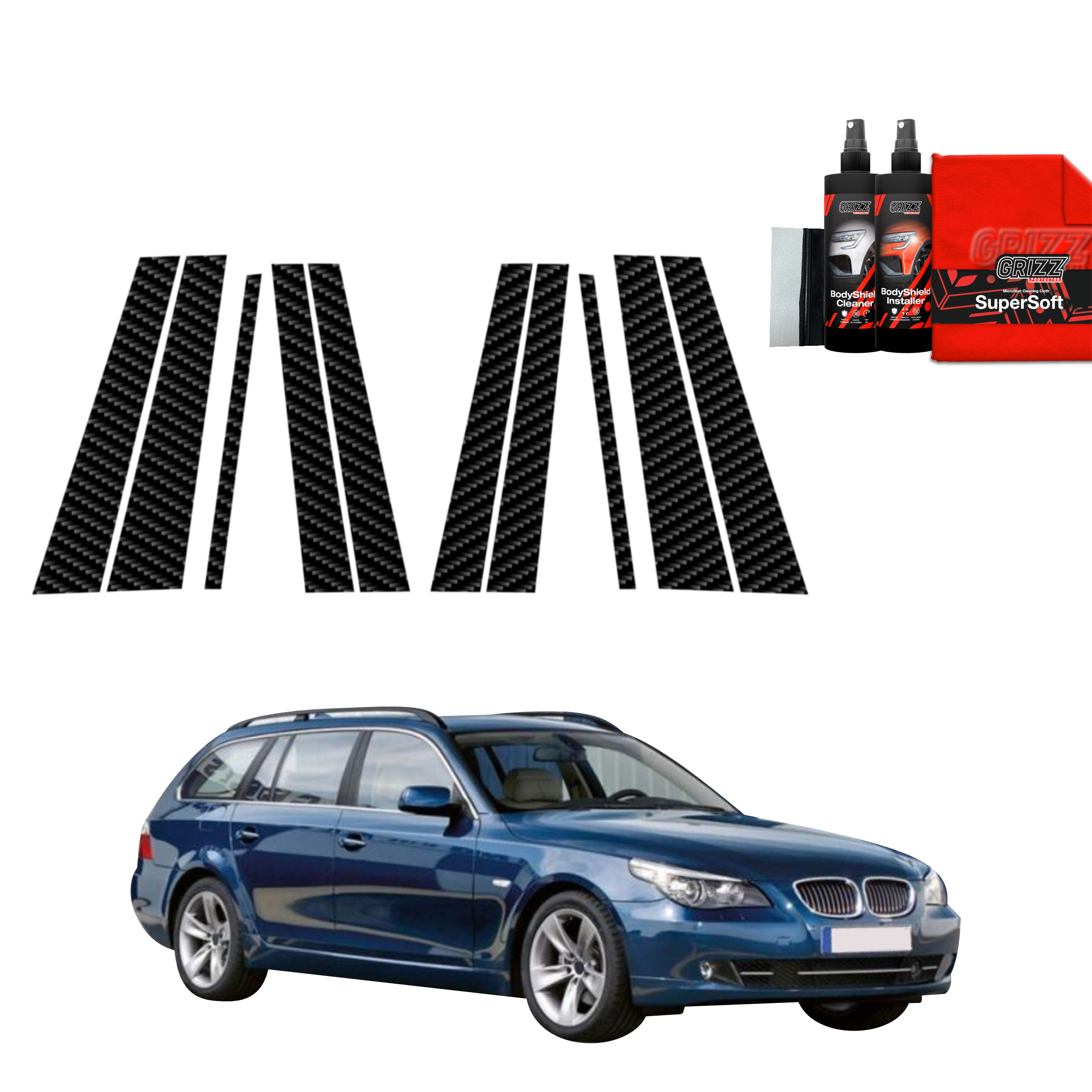 A BMW 5 E61 Touring with GrizzProtector 10in1 Carbon B-C pillar wrap, cleaning bottles, and a red cloth shown above.