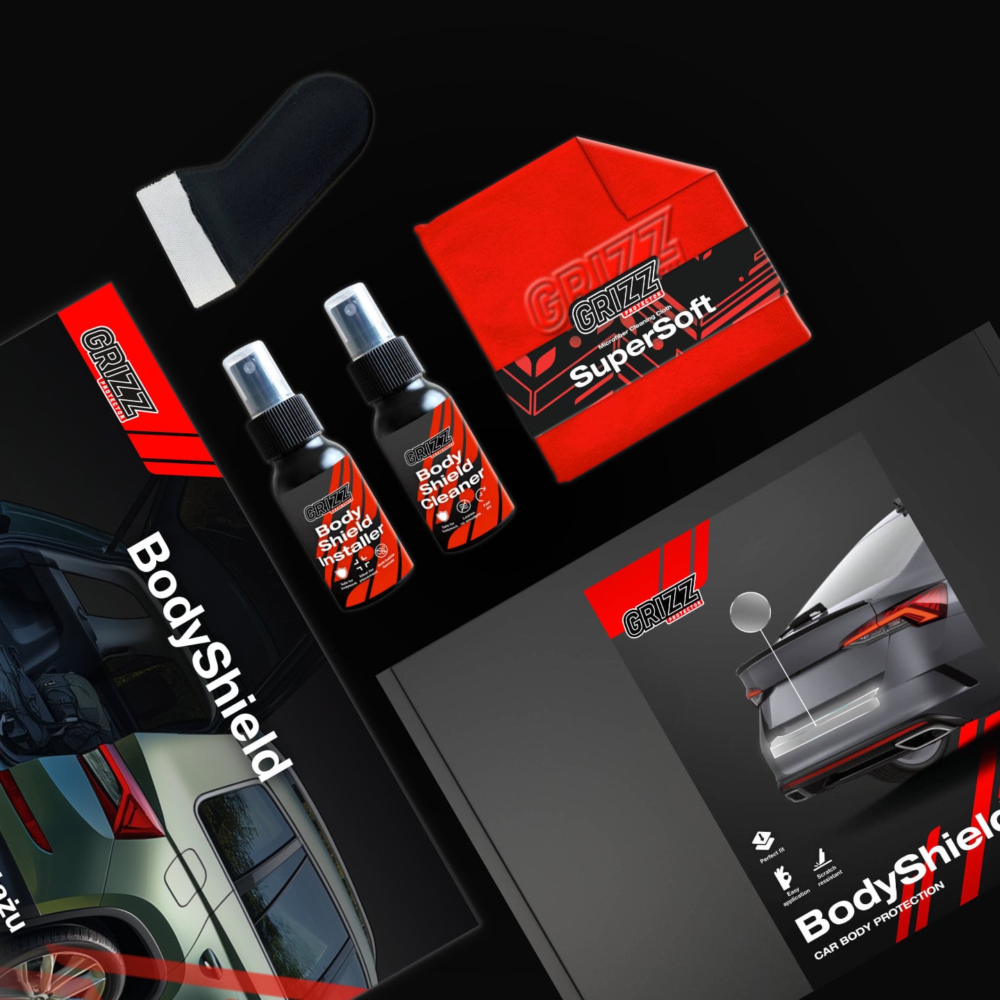 GrizzProtector protective film for loading edge for Skoda Superb 2 Kombi (2009-2013) on black background with care kit.