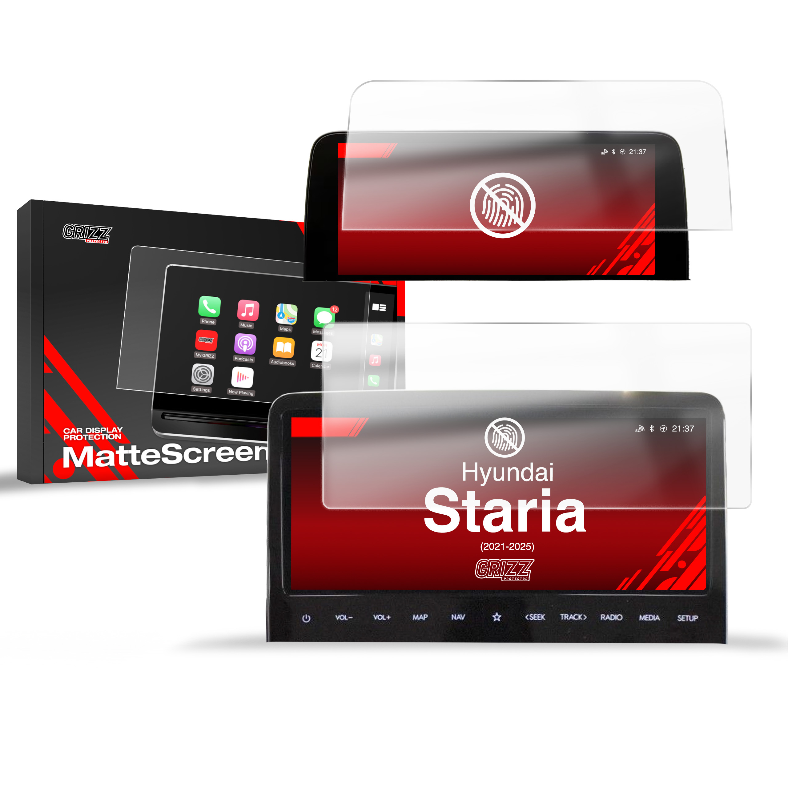GrizzProtector 2in1 folie de protecție pentru Hyundai Staria 10,25" (2021-2025) mată, anti-amprentă, prezentată cu ambalaj.