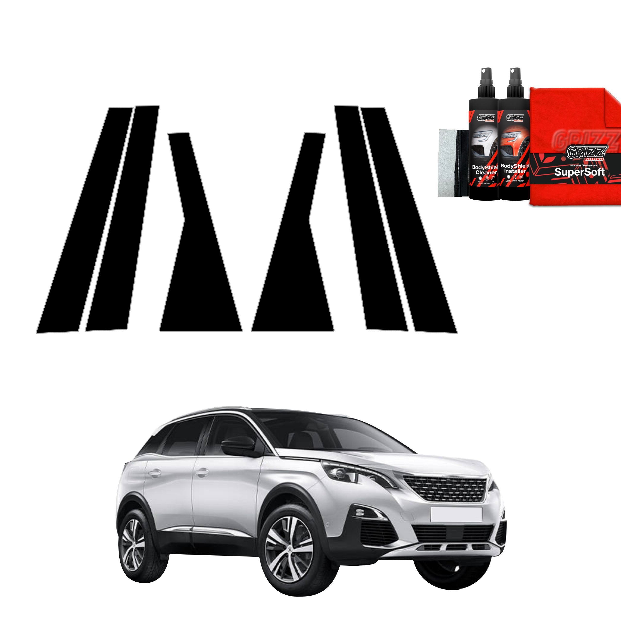 GrizzProtector 6in1 black protective film for B/C-pillar, suitable for Peugeot 3008 (2016-2024).