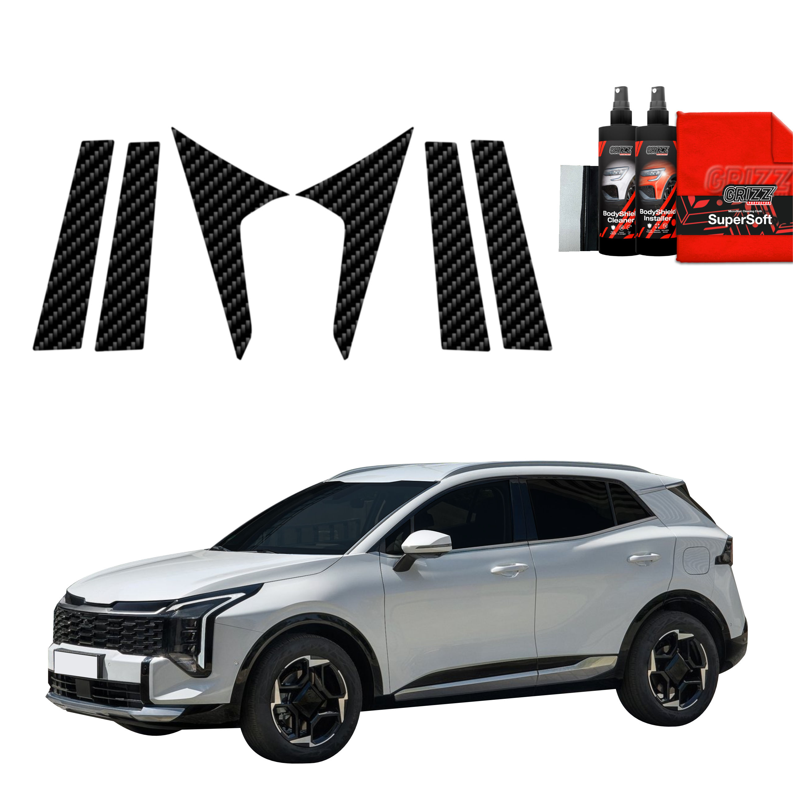 GrizzProtector 6in1 Kohlenstoff Schutzfolie für B-C-Säule, Kia Sportage 5 Facelift (2025), mit Reinigern abgebildet.