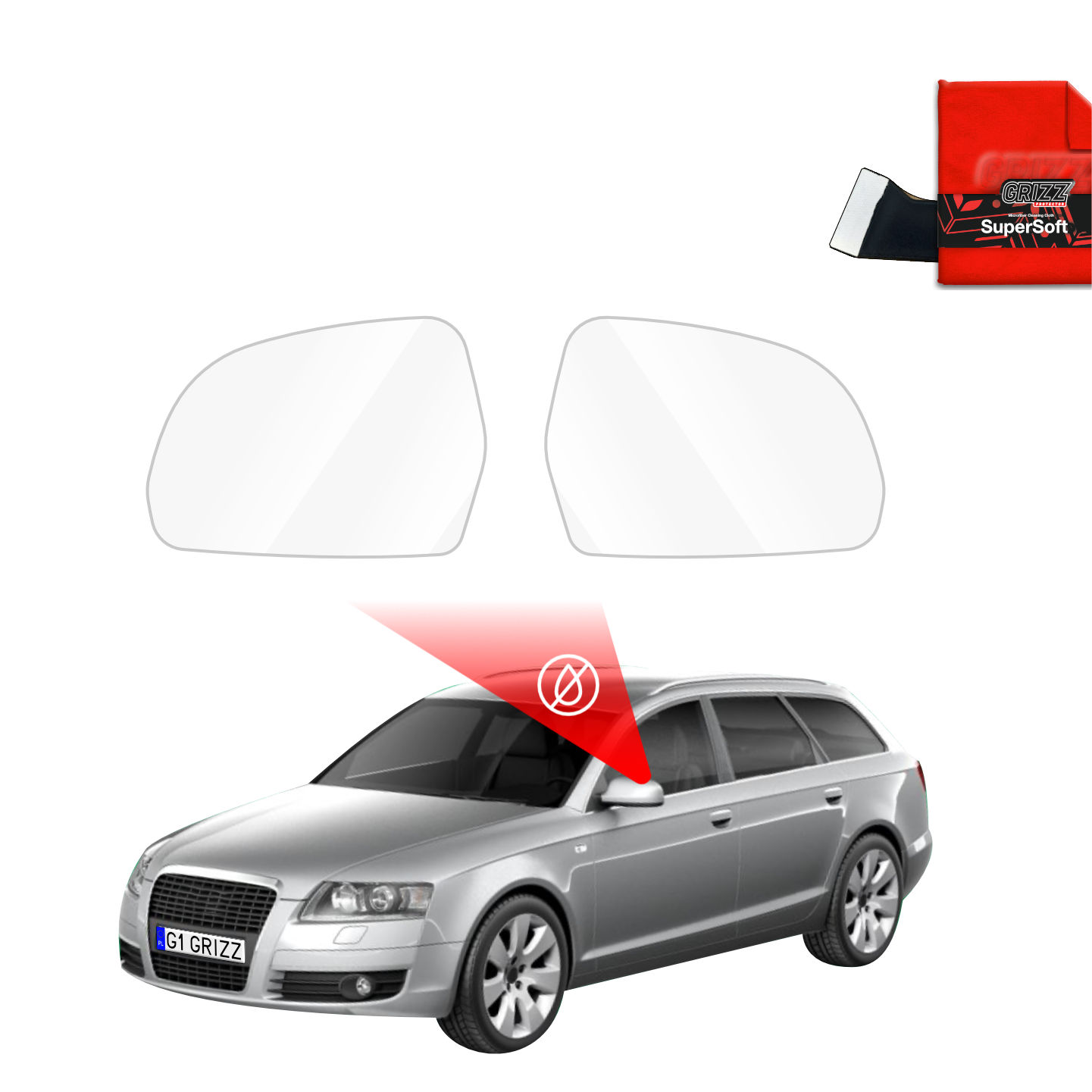 GrizzProtector Regenschutzfolie für Außenspiegel am Audi A6 C6 Avant (2004-2008) mit rotem Tuch und ZeroDrop.