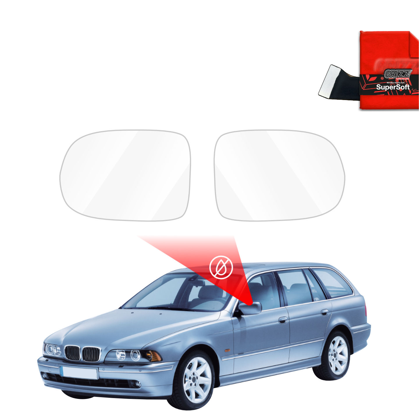 Two GrizzProtector Regenschutzfolie for BMW 5 E39 Kombi mirrors with red cloth and scraper, shown above a silver wagon.