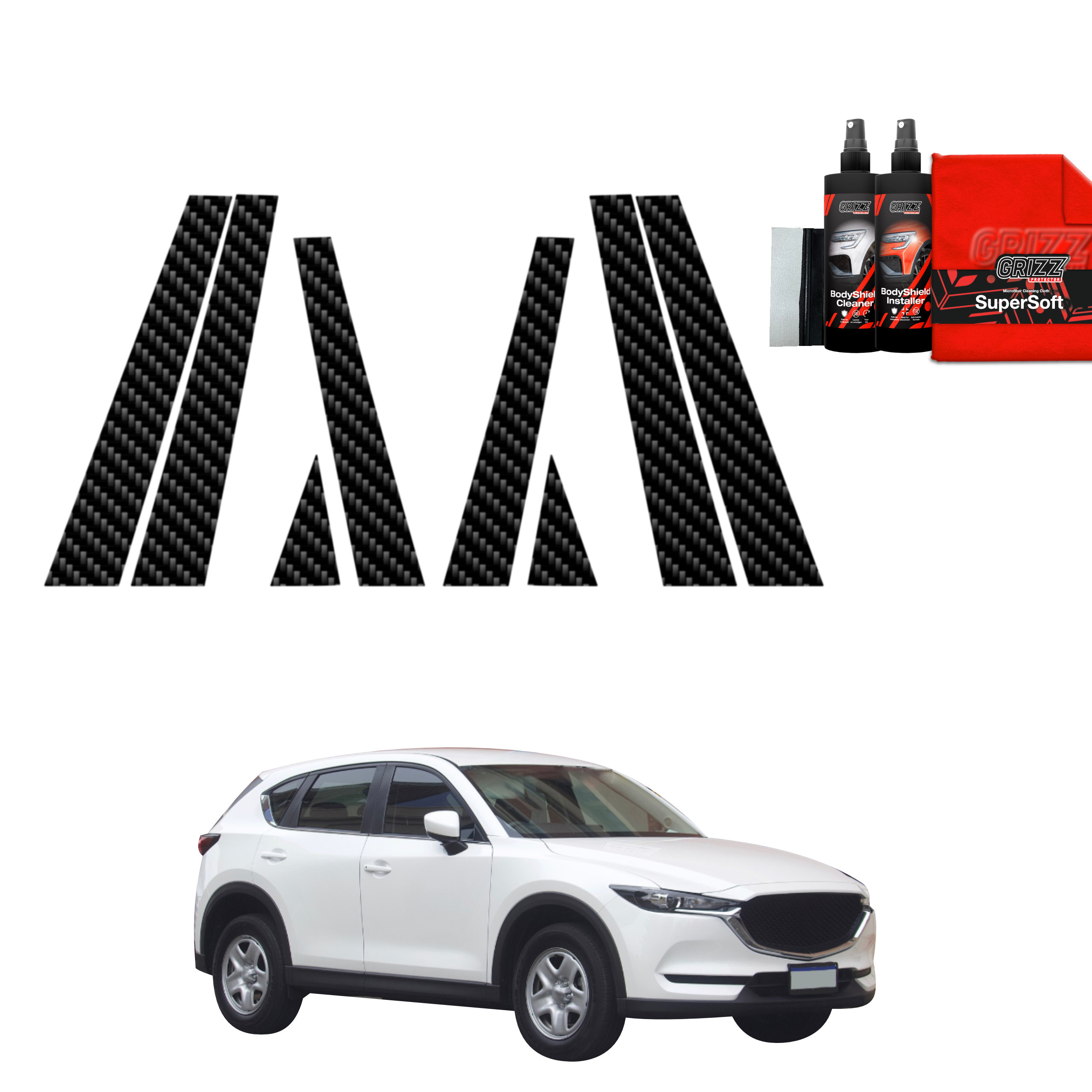 GrizzProtector 8in1 Carbon Schutzfolie für Mazda CX5 KF B-C-Säule (2016-2025), weißes SUV abgebildet.