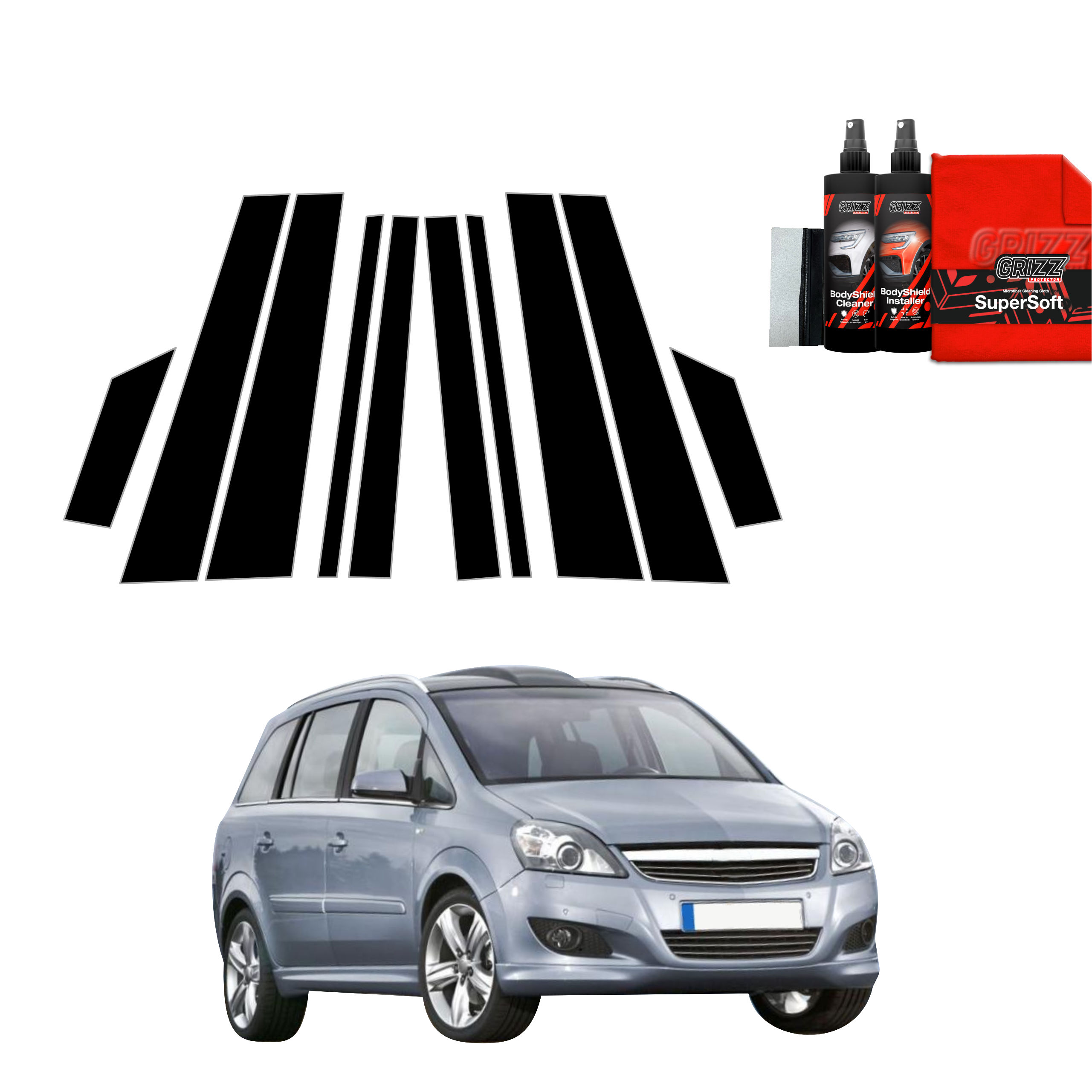 GrizzProtector 10in1 black protective film for B-C pillar Opel Zafira B Kombi 5D (2010-2014) on a white background.