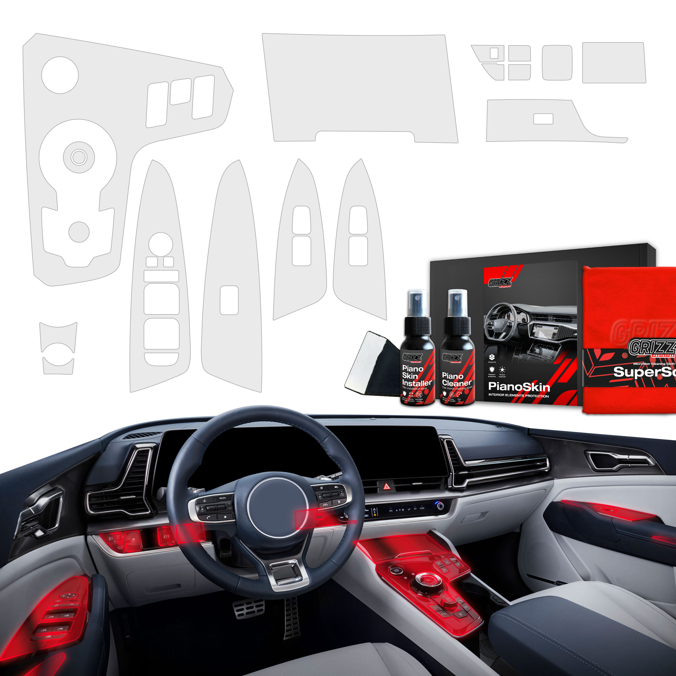 Car interior with dashboard kit, sprays, cloth, and GrizzProtector 11in1 Schutzfolien for Kia Sportage 5 Hybrid (2021-2024).