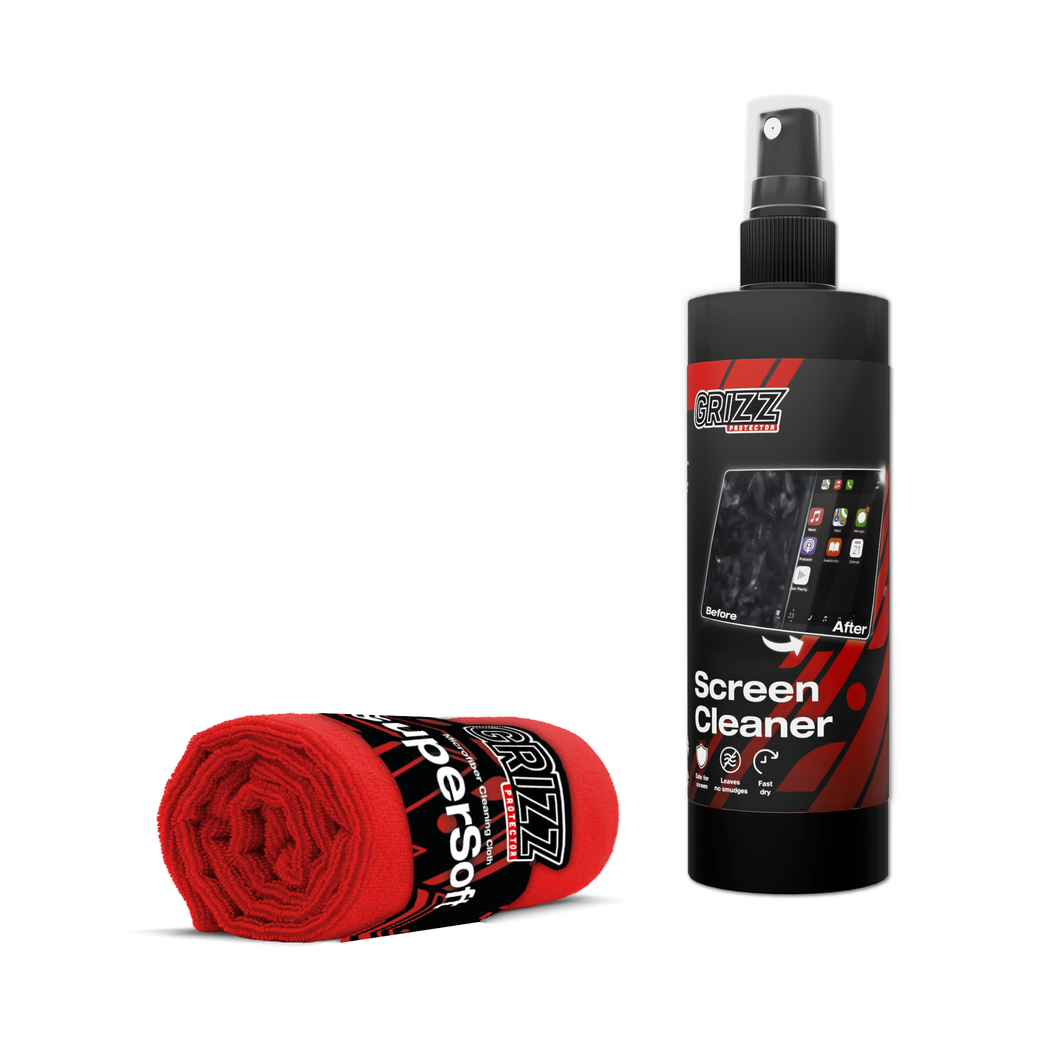 The GrizzProtector Grizz Reinigungsset DirtBuster features a black spray bottle and red Mikrofasertuch on white.