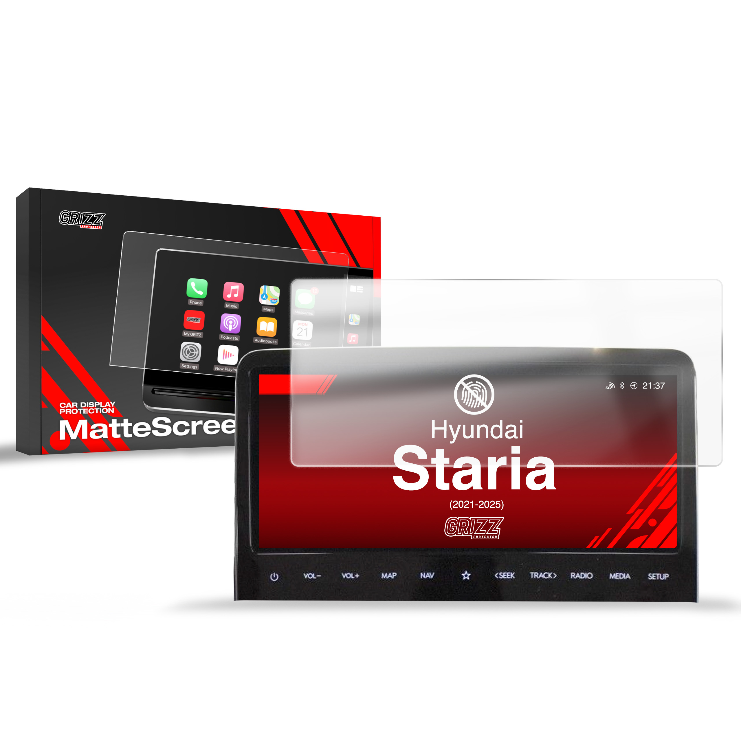Folie de protecție GrizzProtector mată, anti-amprentă, pentru ecranul Hyundai Staria 10,25", cu cutie și suprapunere pentru instalare.