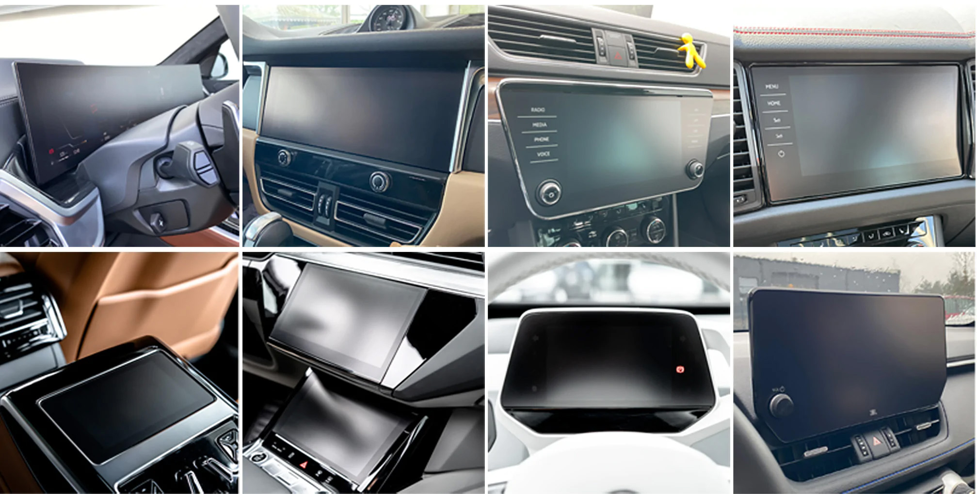 A collage of 8 car dashboards, each with a GrizzProtector matte Displayschutzfolie for Peugeot 508 7" on the screen.