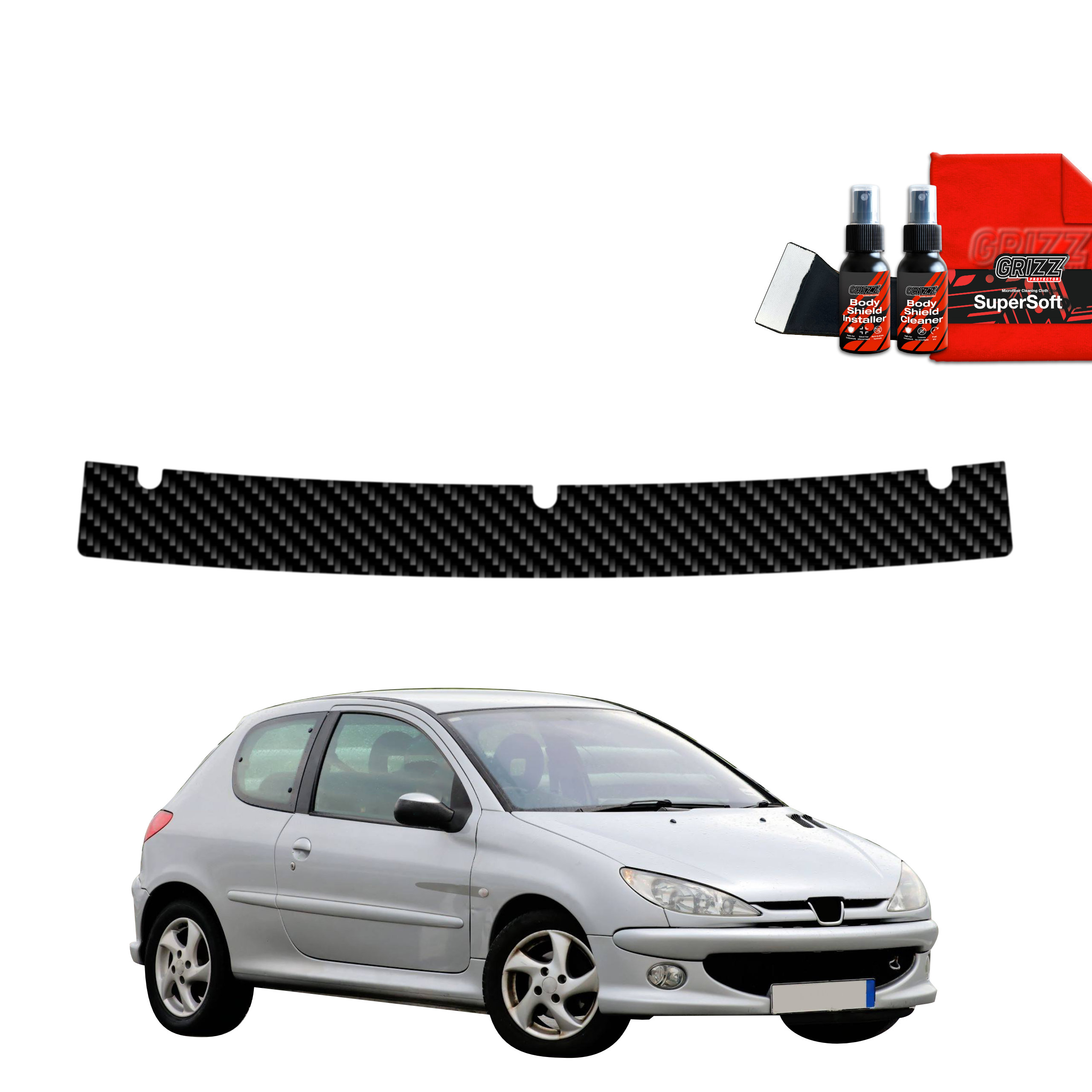 A silver Peugeot 206 with GrizzProtector Carbon Protective Film, black bumper protector, cleaning kit; red cloth above.