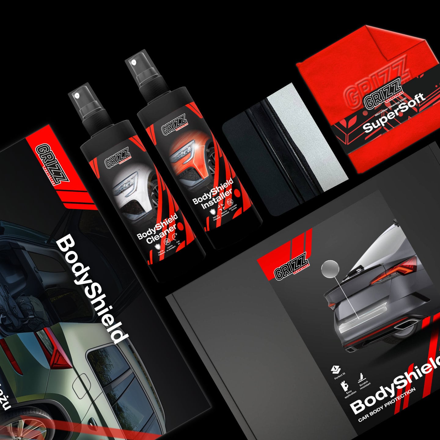 GrizzProtector 10in1 carbon film kit for Volvo XC90 (2015–2020) with sprays, cloth, squeegee, and branded packaging.