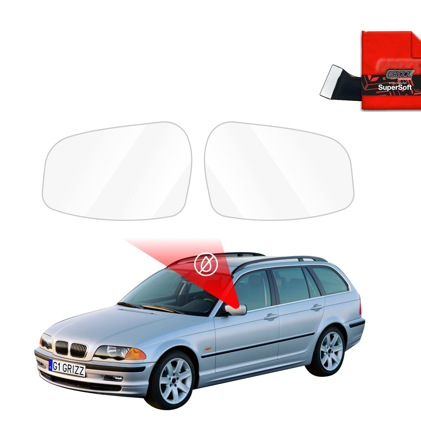 Two GrizzProtector Regenschutzfolie for BMW 3 E46 Kombi mirrors plus a cleaning cloth, shown on a silver wagon.