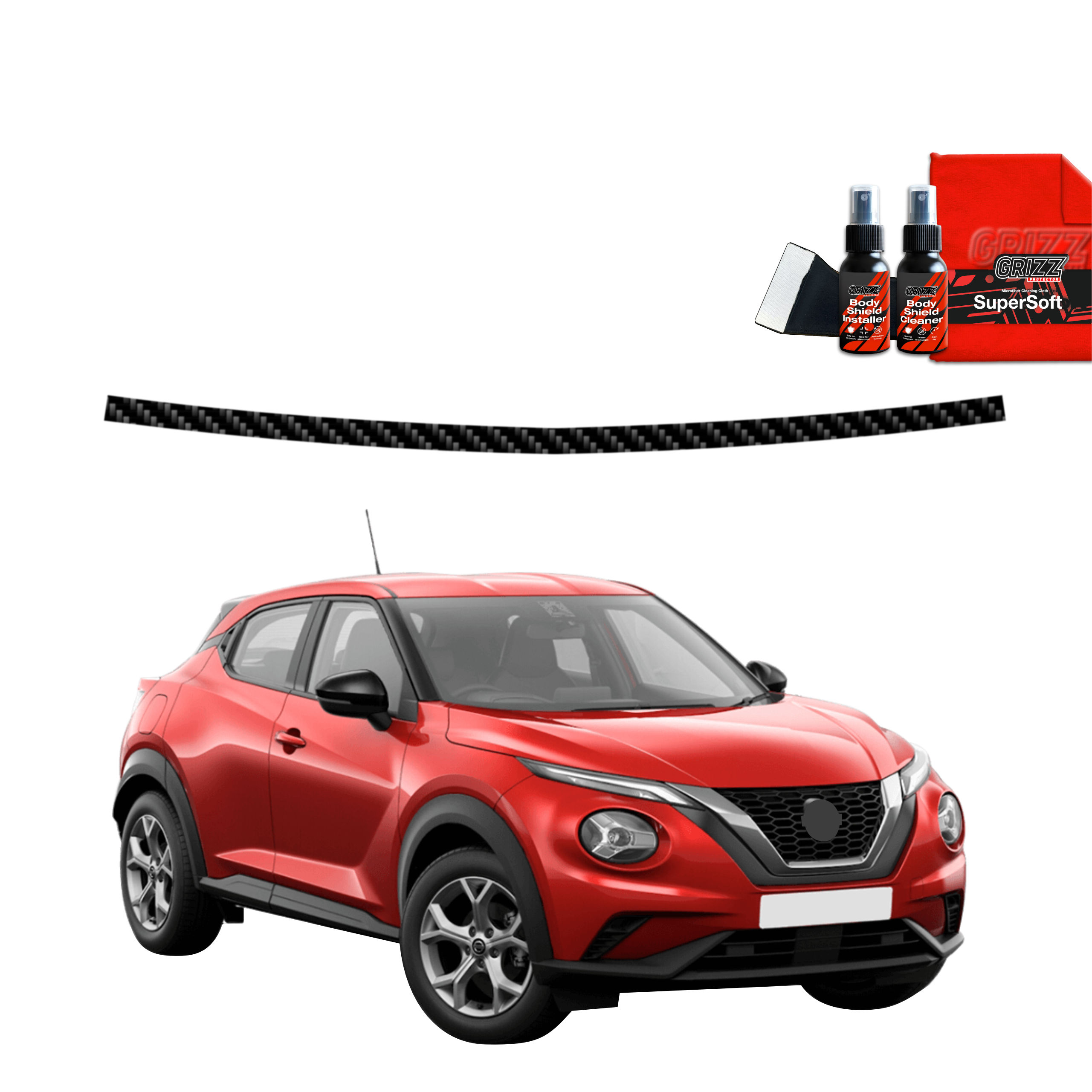 Nissan Juke Facelift (2024-2025) roșu cu folia spate GrizzProtector Carbon Look, două produse pentru îngrijirea mașinii și o cârpă roșie.