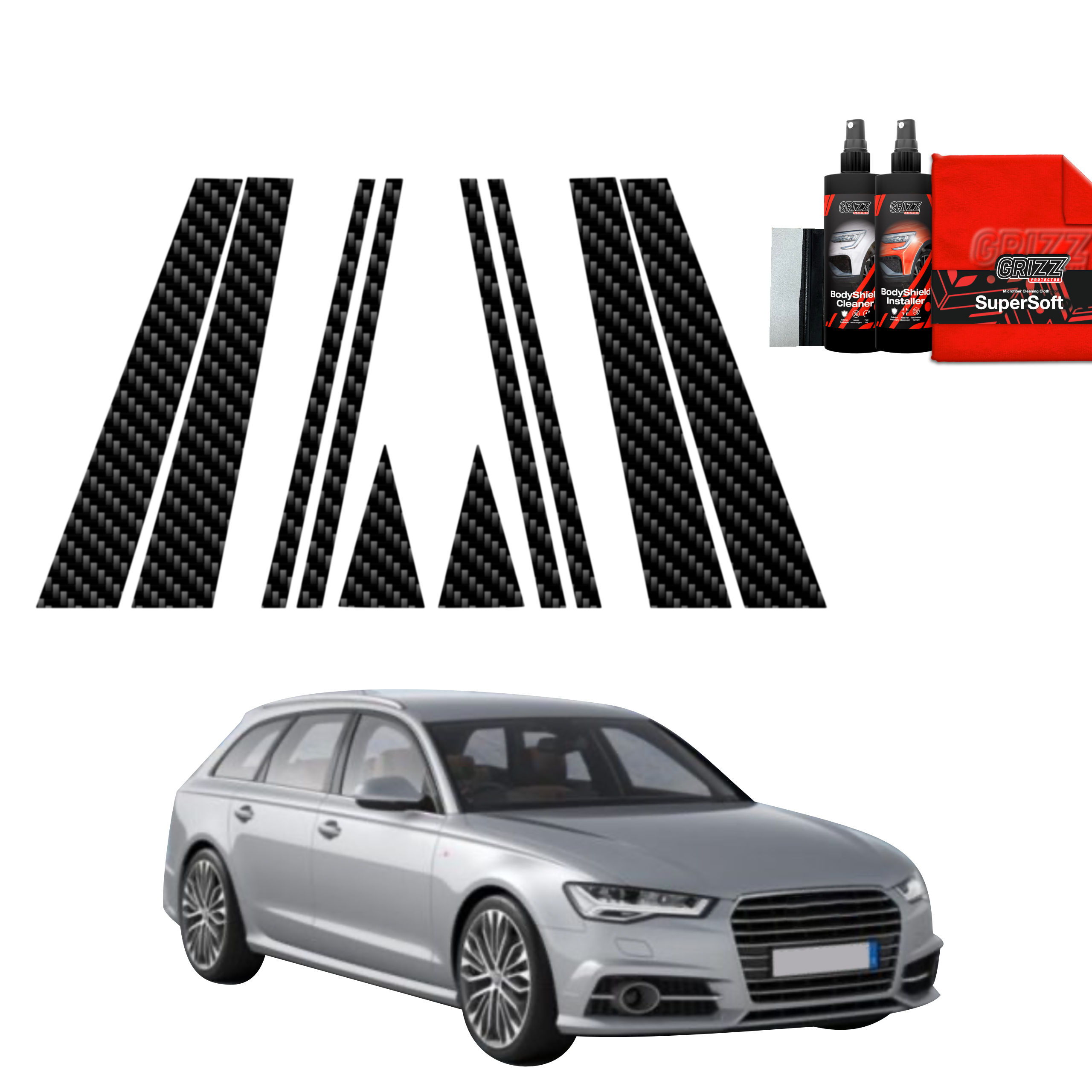 GrizzProtector 10in1 carbon wrap set for Audi A6 C7 Avant (2014-2018) with cloths and bottles included.