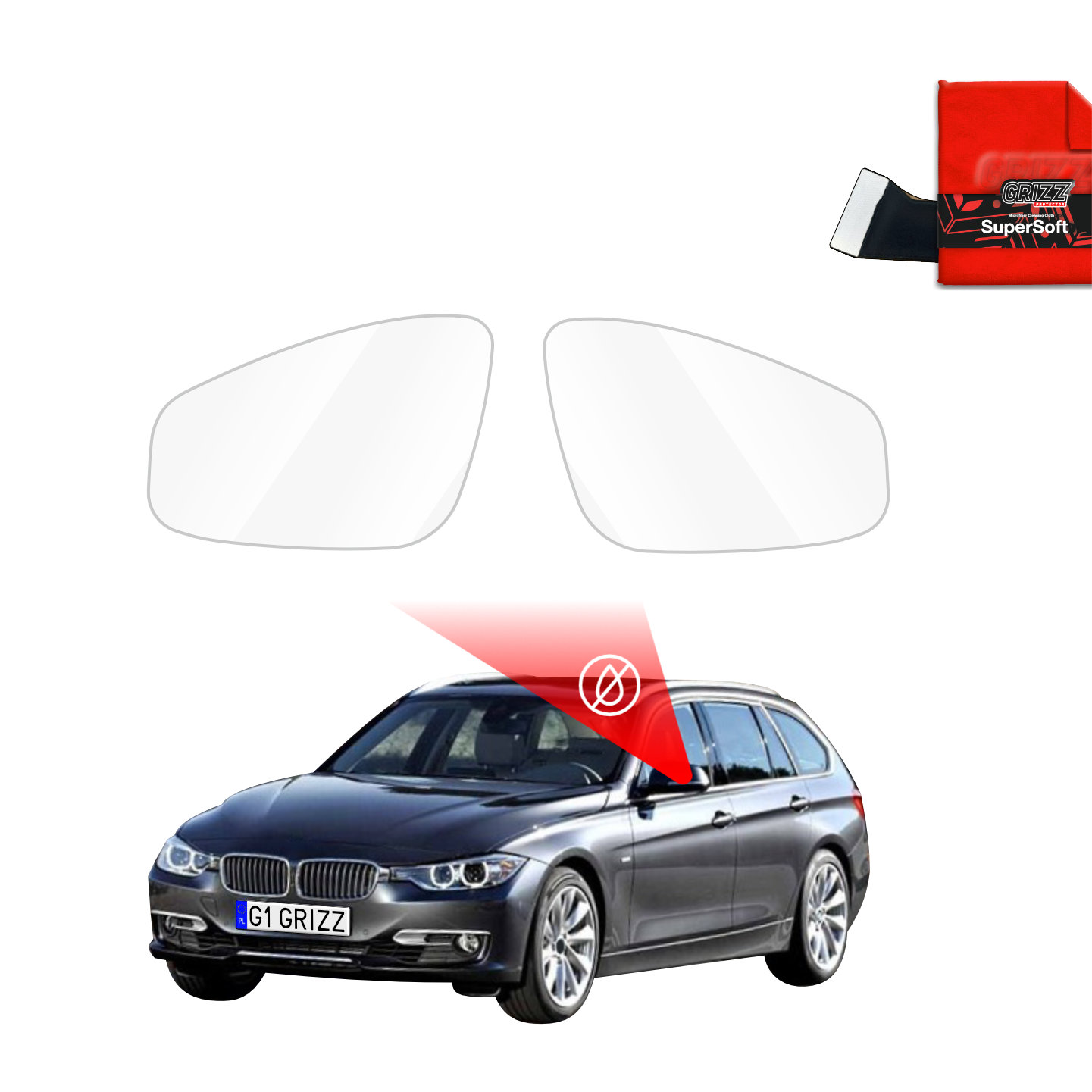 Two GrizzProtector rain protector films for BMW 3 F31 Kombi (2011-2015) beside a black station wagon and a cloth.