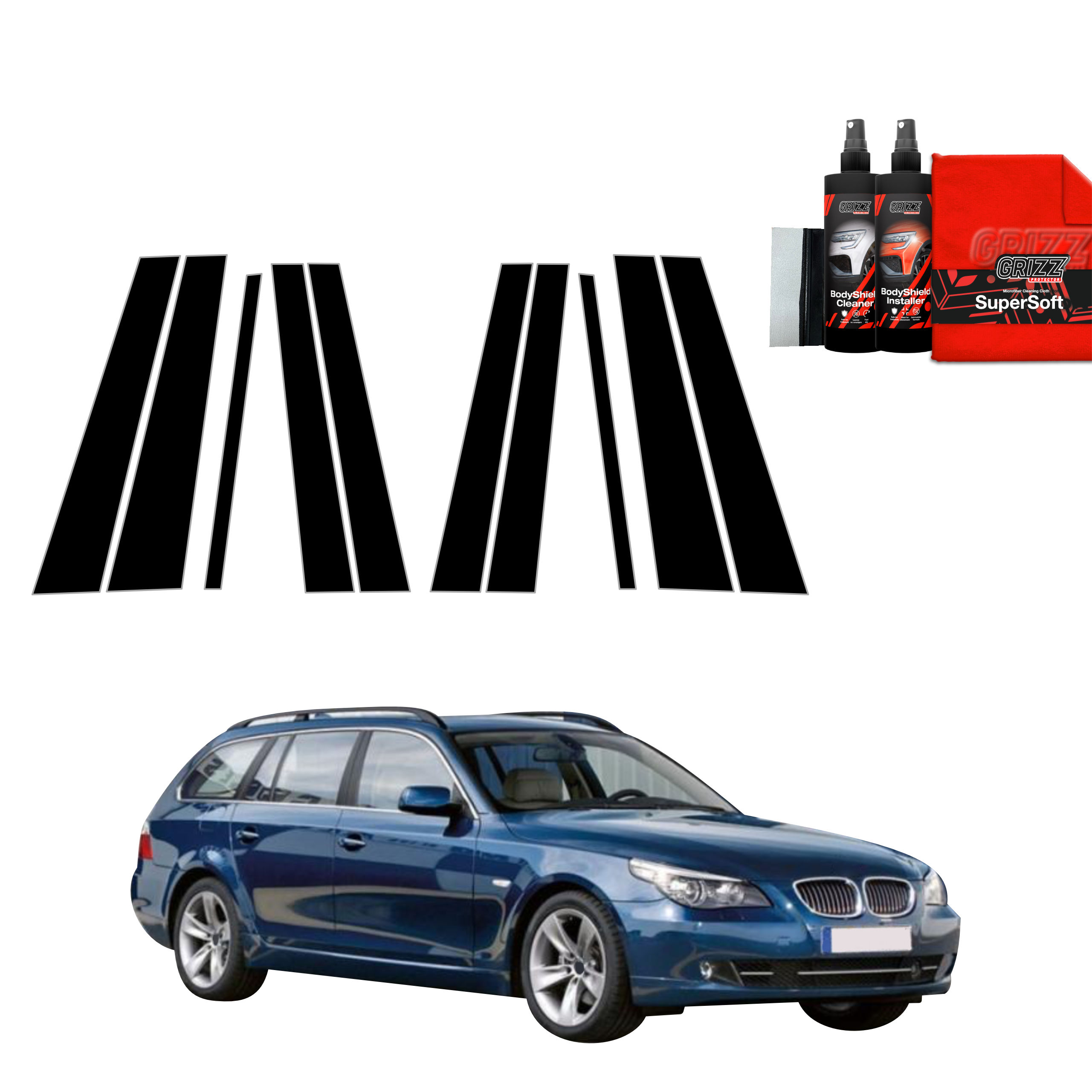 GrizzProtector 10in1 black protective film for B-pillar, BMW 5 E61 Touring LCI (2007-2010) on a white background.