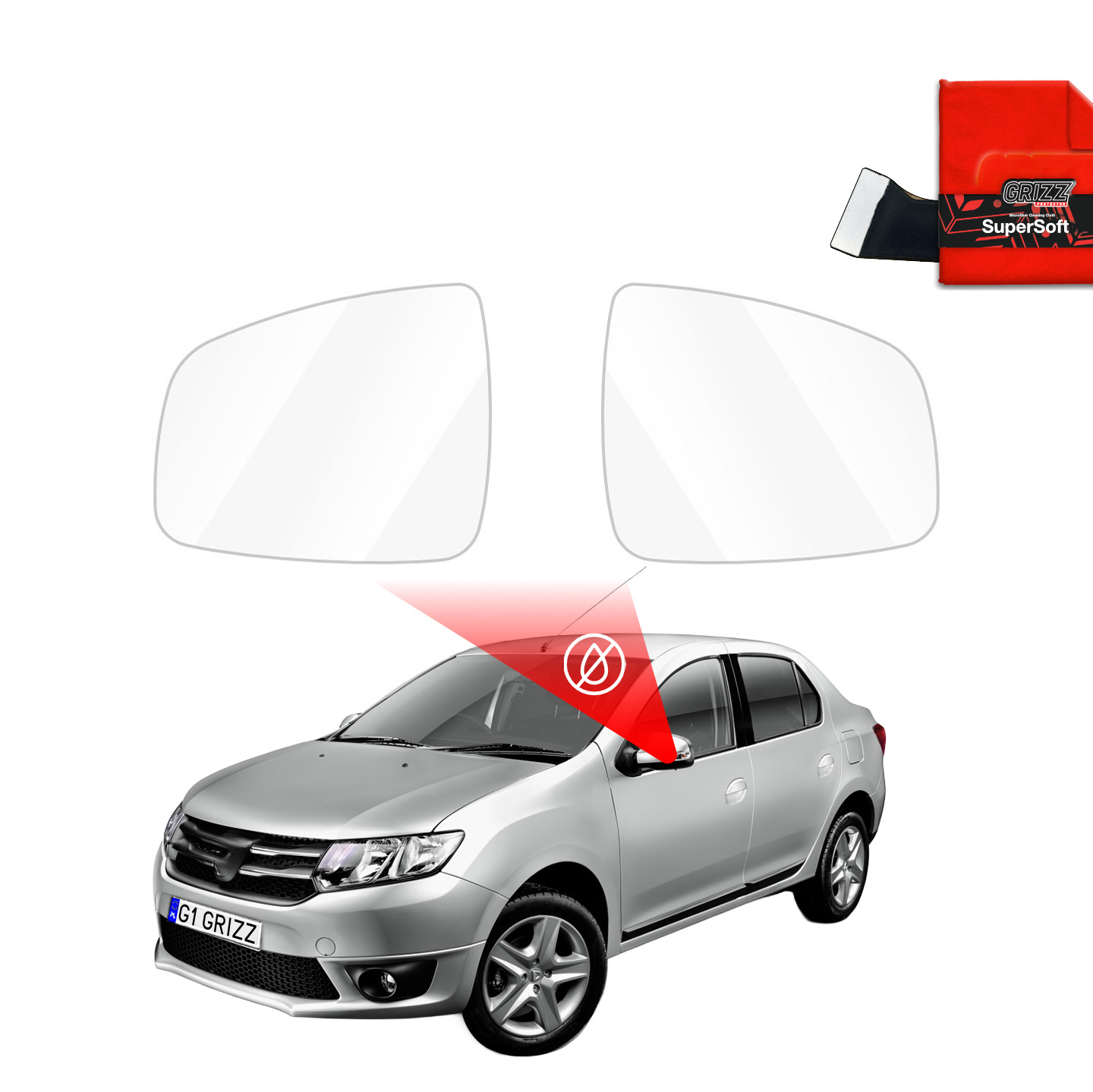 GrizzProtector Regenschutzfolie für Außenspiegel (Dacia Logan 2004-2013) with red microfiber cloth shown above car mirrors.