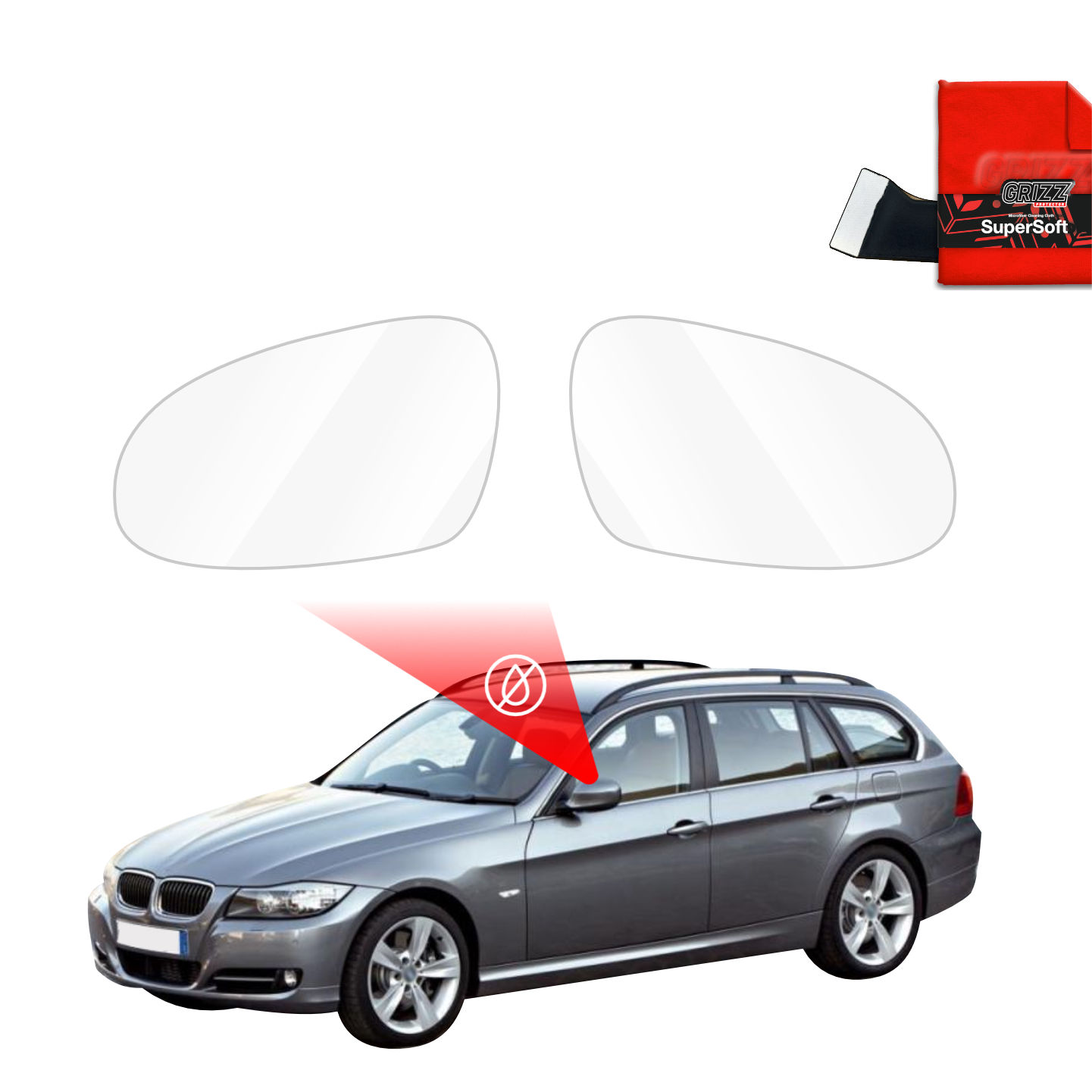 Two replacement mirrors and GrizzProtector Regenschutzfolie for BMW 3 E91 Kombi Pre-LCI (2004-2008) with squeegee shown.