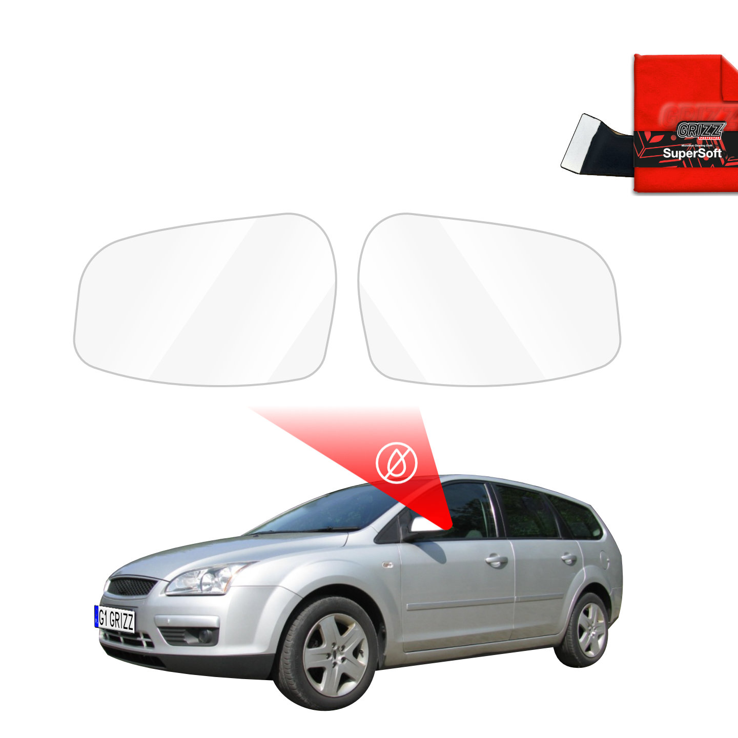 Two GrizzProtector Regenschutzfolie for Ford Focus Mk2 Kombi (2004-2007), plus red cloth and ZeroDrop mirrors.