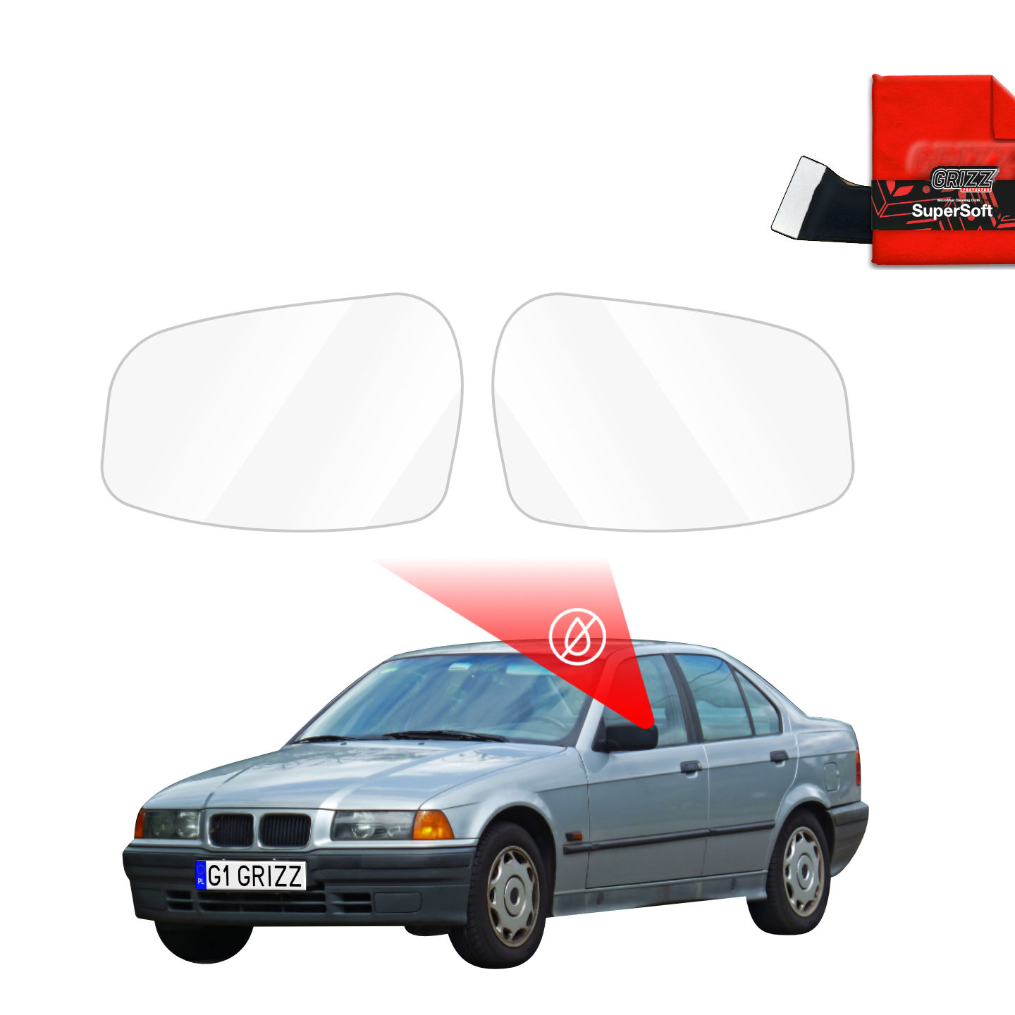 Two GrizzProtector Regenschutzfolie for BMW 3 E36 Sedan (1990-1999) and a red cloth above, no-glare symbol shown.