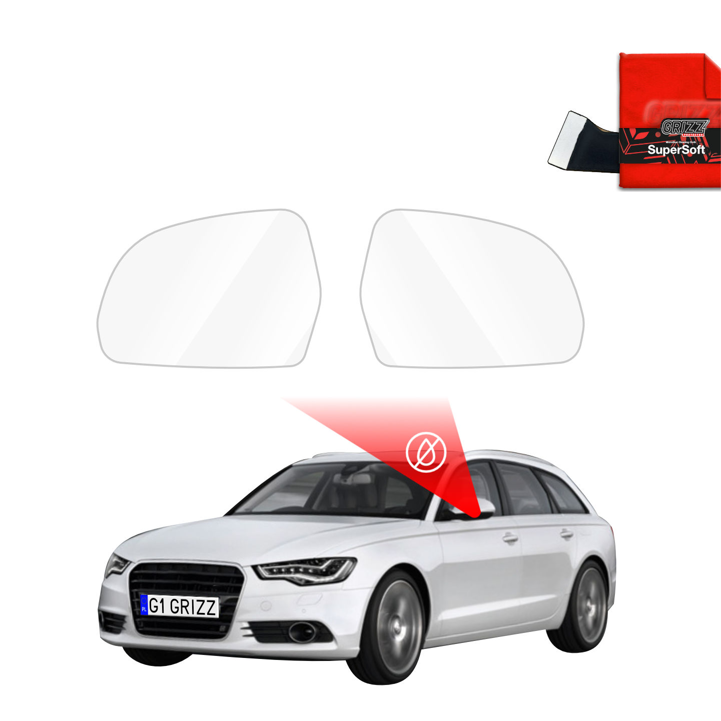 Two Audi A6 C7 Avant (2011-2014) side mirrors with GrizzProtector Regenschutzfolie and a red pouch shown.