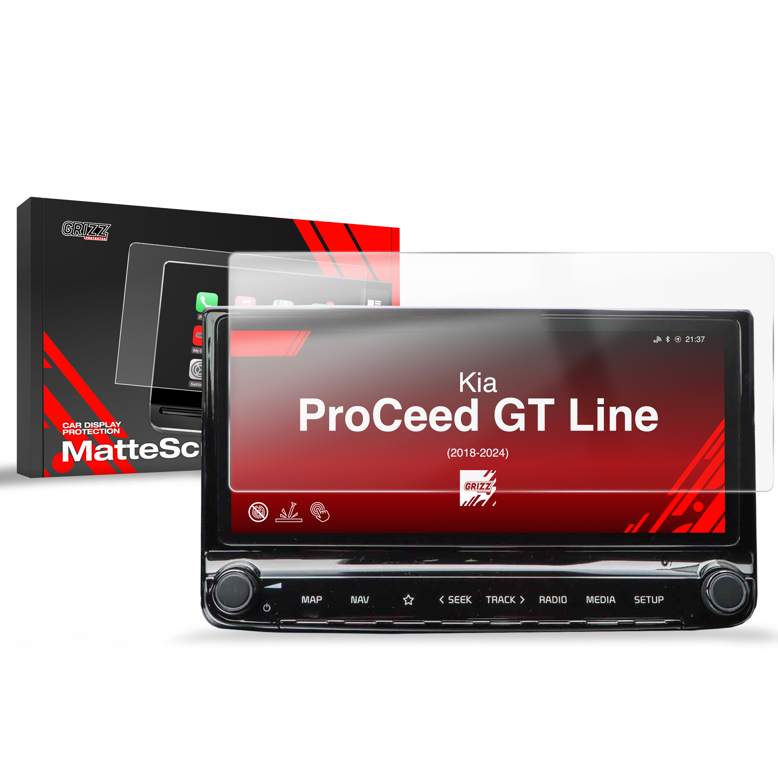 Folie de protecție pentru ecran GrizzProtector pentru Kia Proceed GT Line (2018-2024), mată & anti-fingerprint, cu ambalaj în fundal.