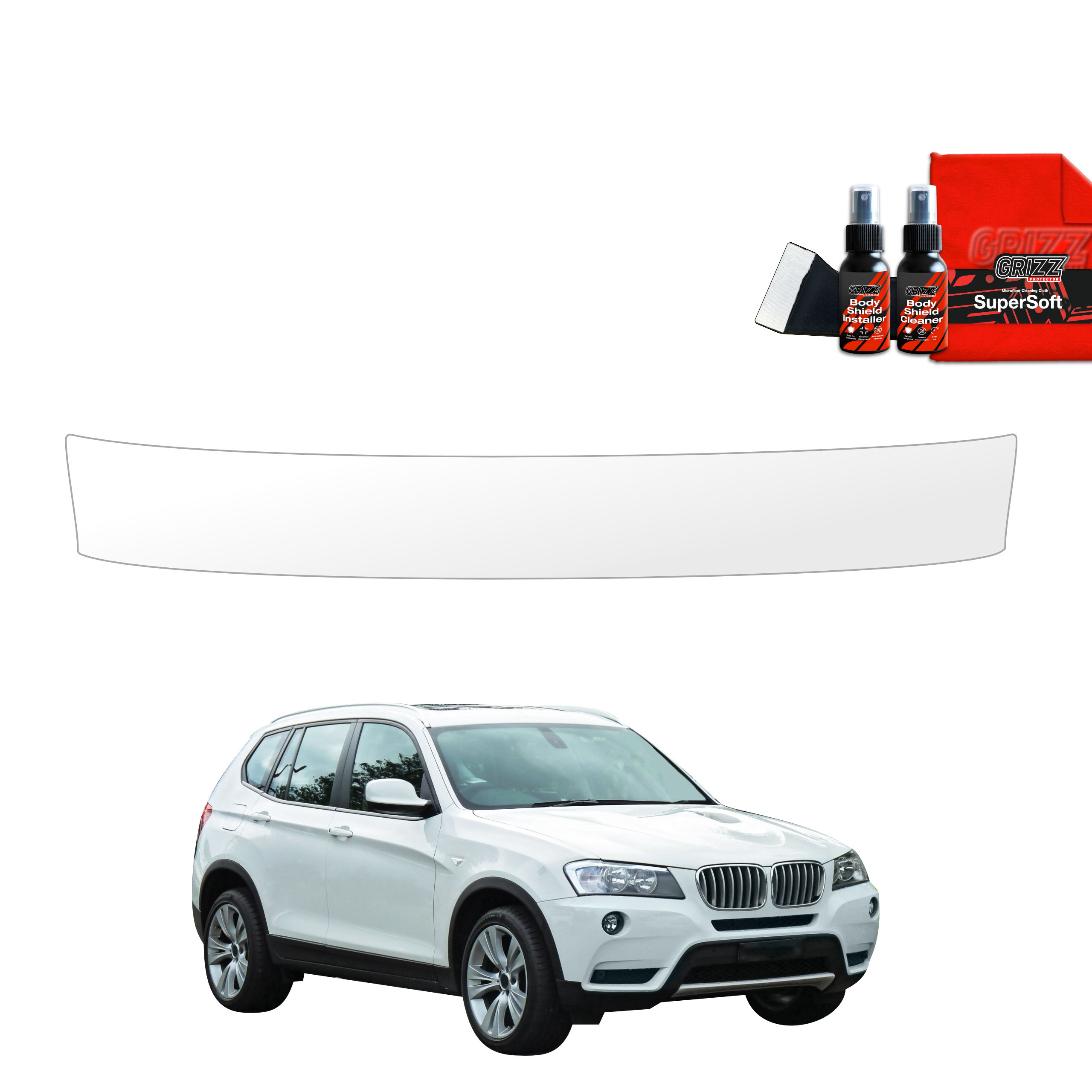A GrizzProtector Schutzfolie für Ladekante for BMW X3 F25 (2010-2014) with spray, cloth, and applicator shown above.