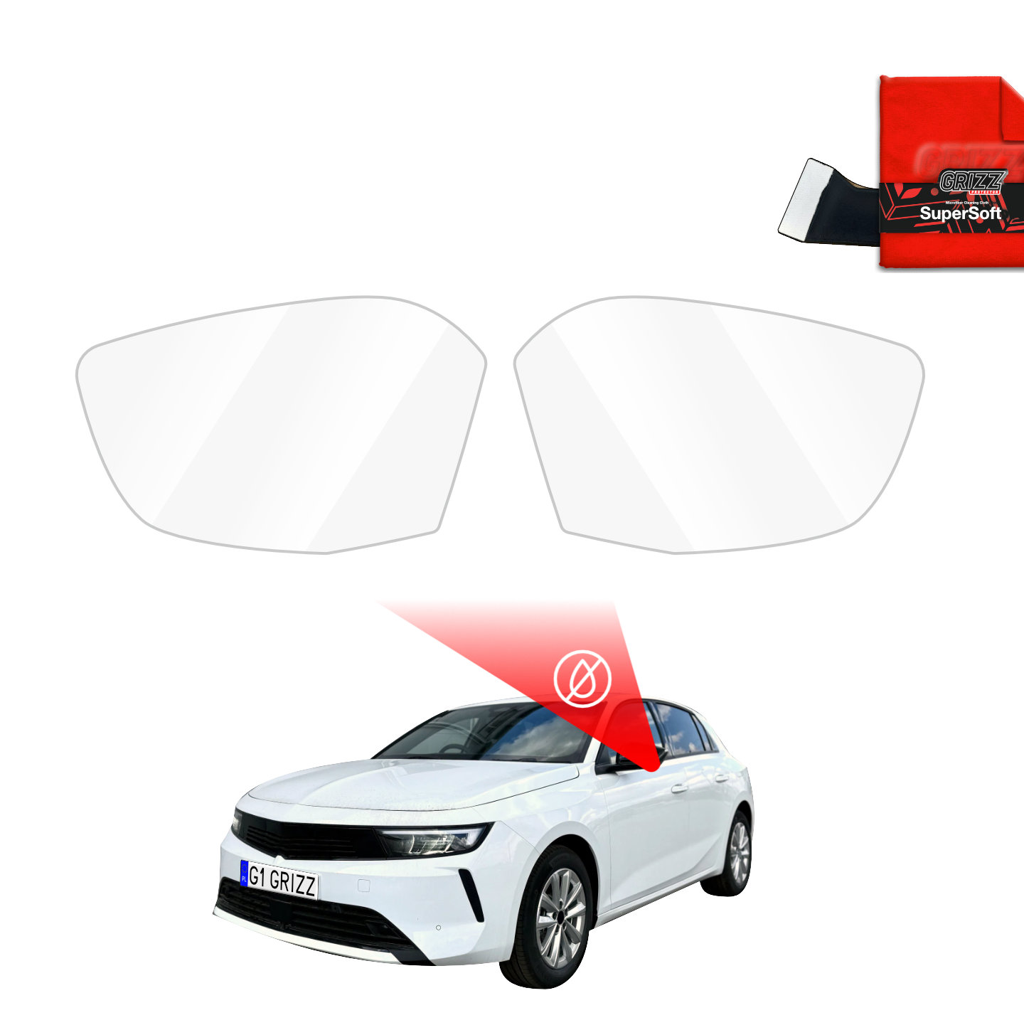 Two GrizzProtector Regenschutzfolie for Opel Astra (2025) shown above a white car, with glare icon and red pouch.