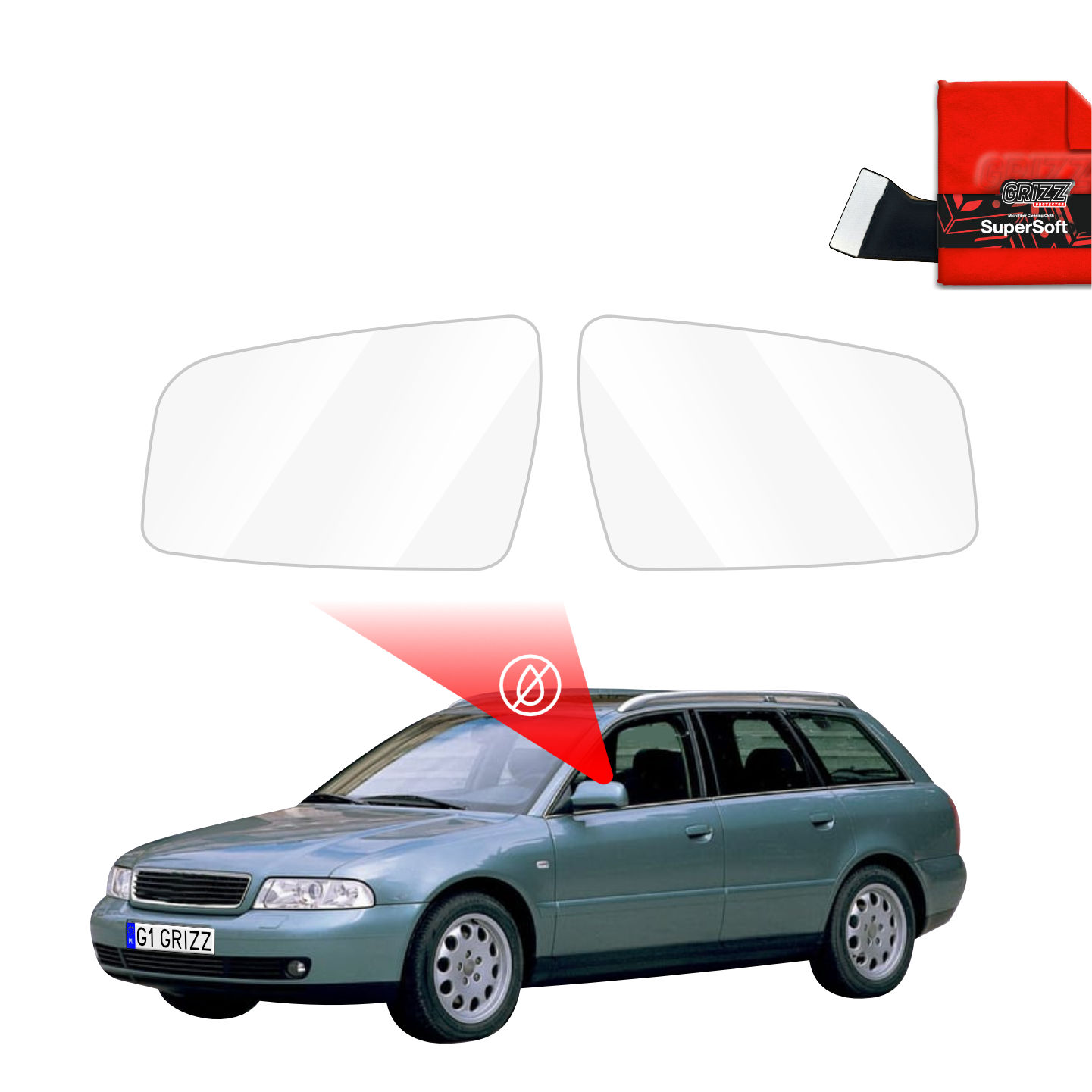 Two car mirrors, a red cloth, and GrizzProtector Regenschutzfolie for Audi A4 B5 Avant (1994-2001).