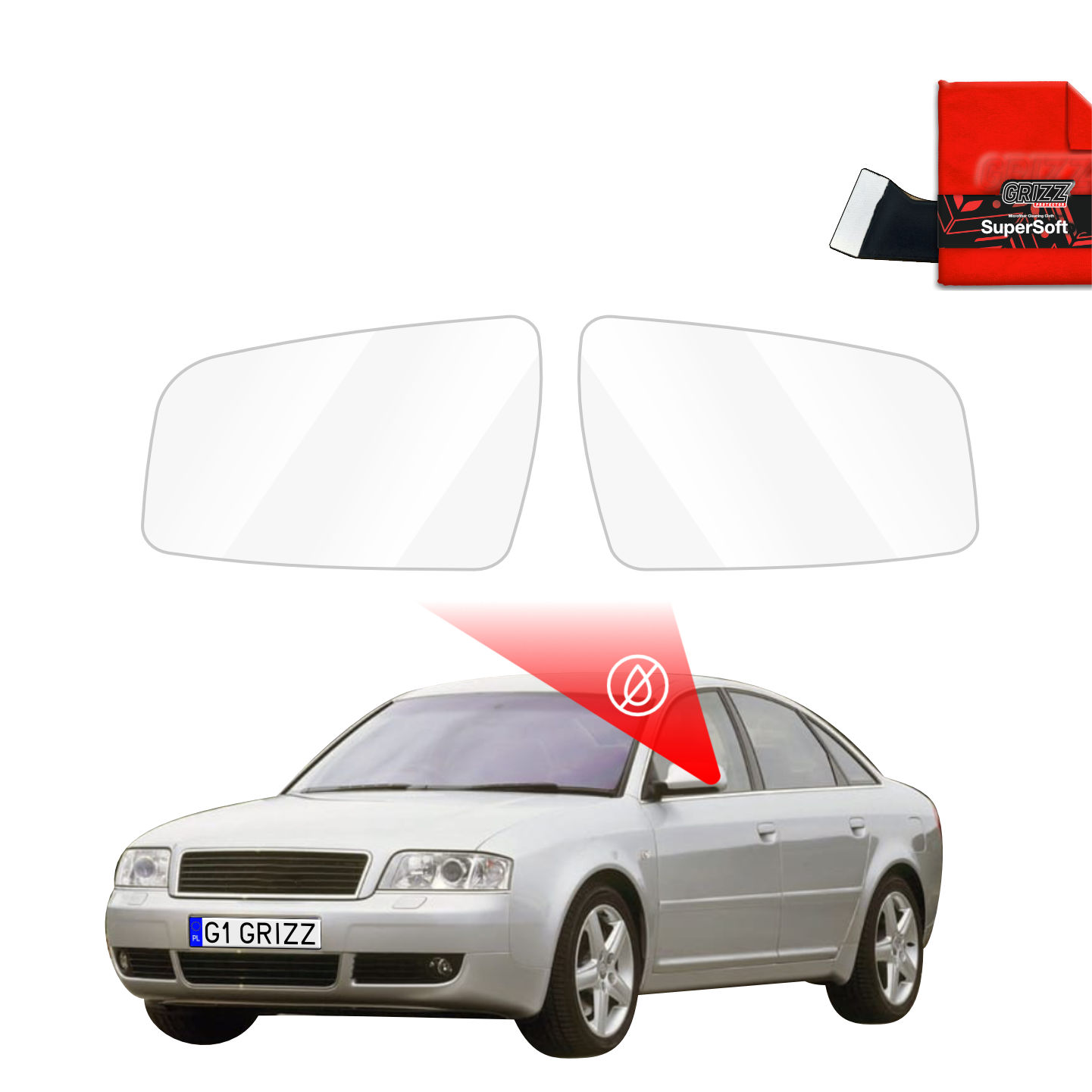Two GrizzProtector Regenschutzfolie for Audi A6 C5 Sedan mirrors, shown with ZeroDrop clarity and a red cloth.