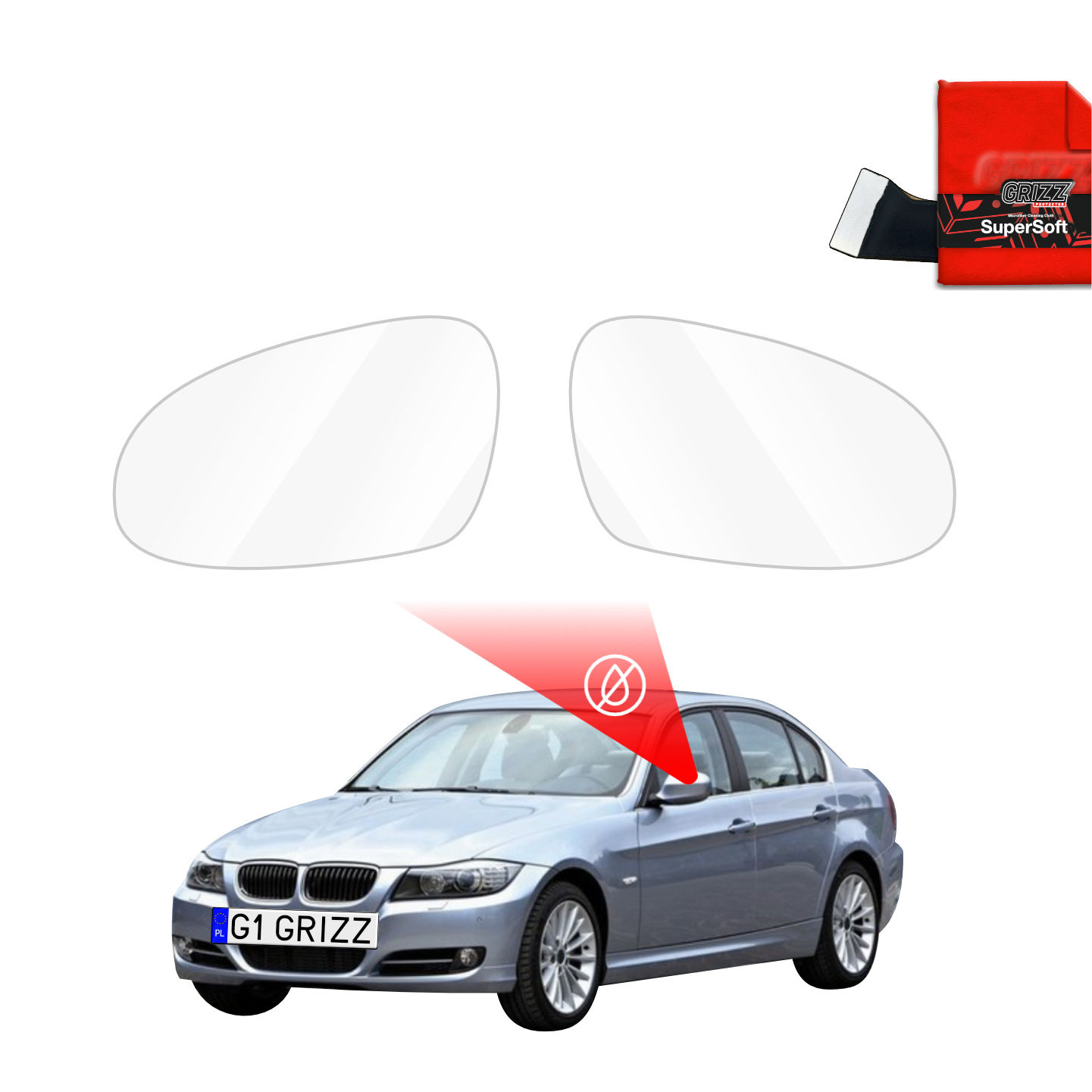 Two GrizzProtector Regenschutzfolie for BMW 3 E90 Sedan (2004-2008) with cleaning cloth and highlighted mirrors.