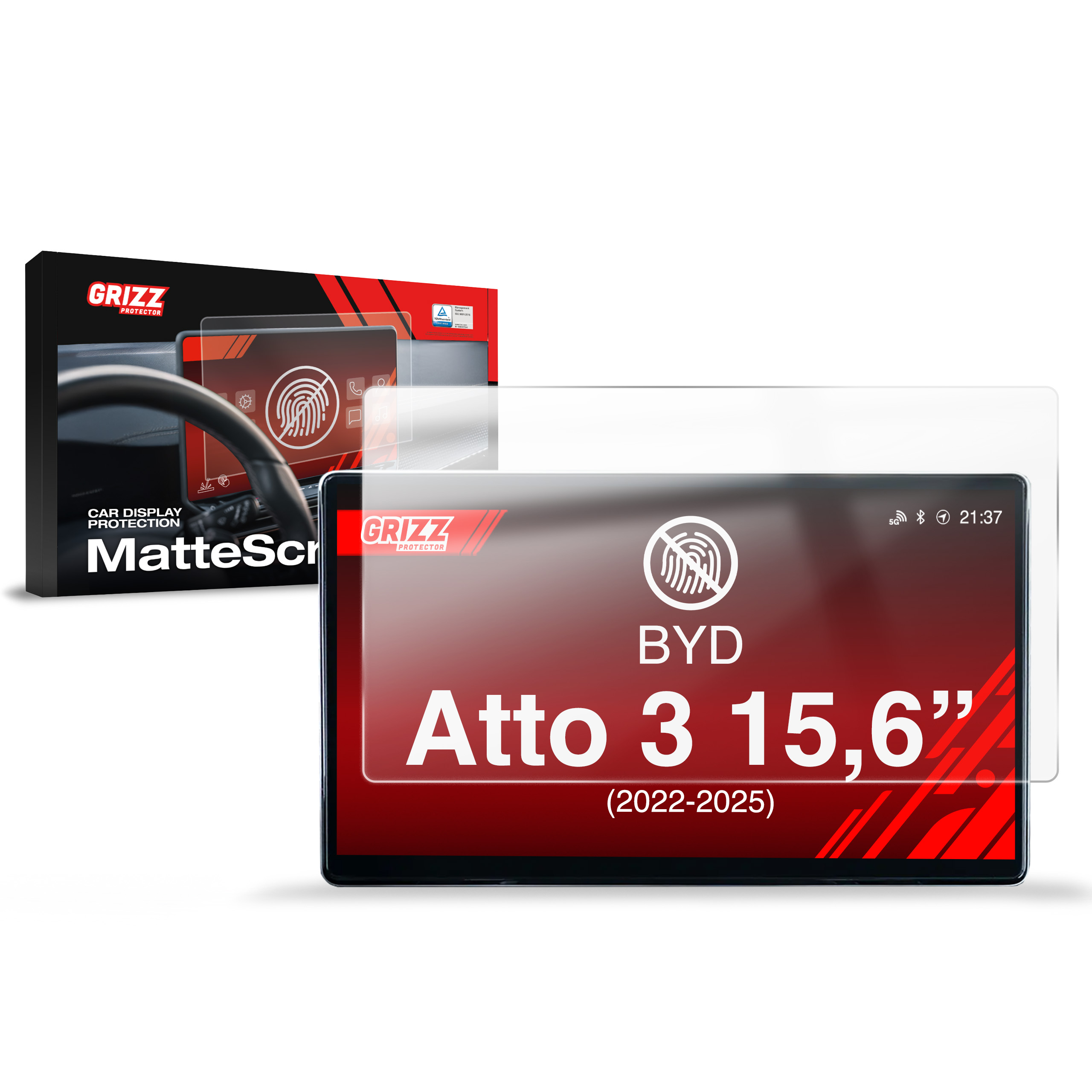 GrizzProtector Matt Displayschutzfolie für BYD SEAL U DMi 15,6" (2024-2025), anti-fingerprint, mit Verpackung gezeigt.