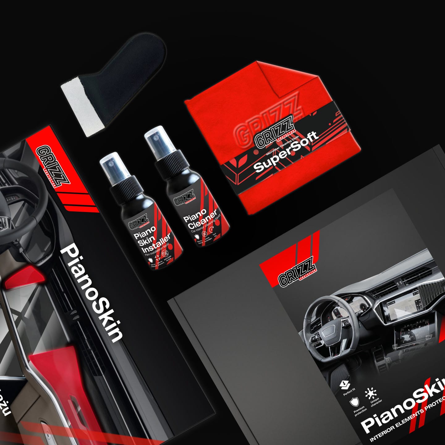 Flat lay of GrizzProtector 6in1 Mittelkonsole Schutzfolie Matt kit for Audi Q5 2025 with spray, cloth, and protectors.