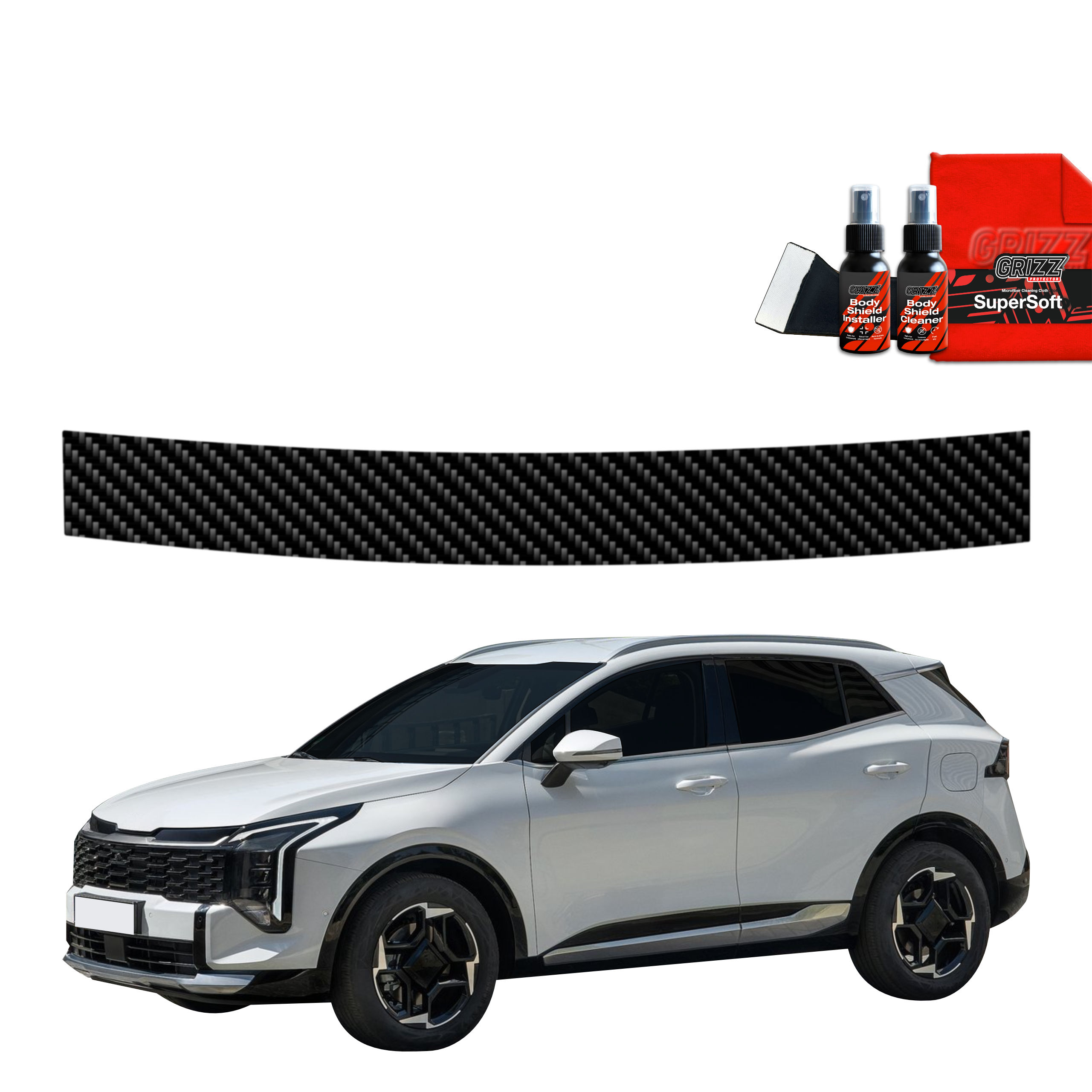 Silver Kia Sportage 5 Facelift with black wheels, GrizzProtector Kohlenstoff Schutzfolie for bumper, and BodyShield Carbon.