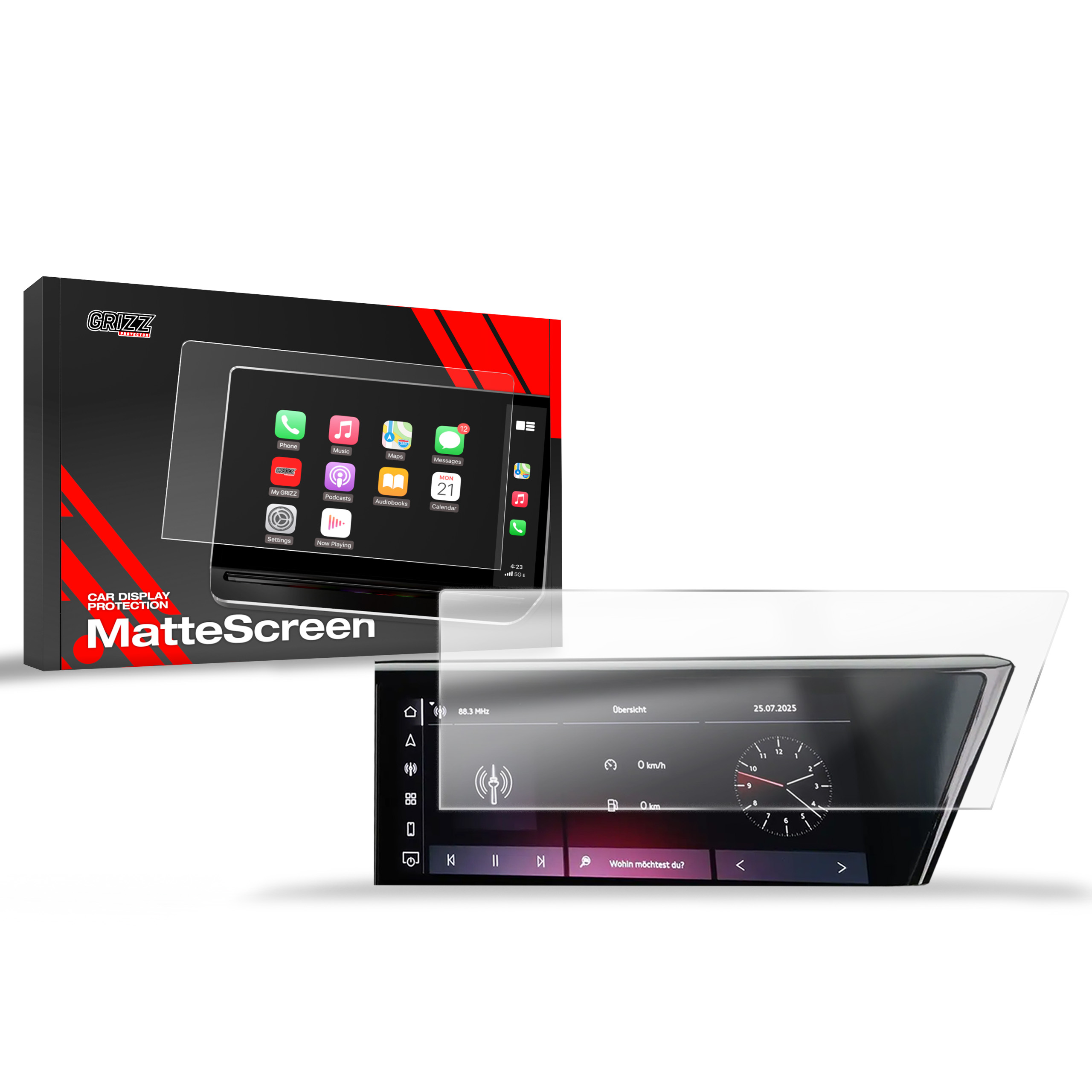 GrizzProtector Displayschutzfolie pentru Audi Q5 (2025), mat & anti-amprentă, prezentat cu ambalaj și overlay.