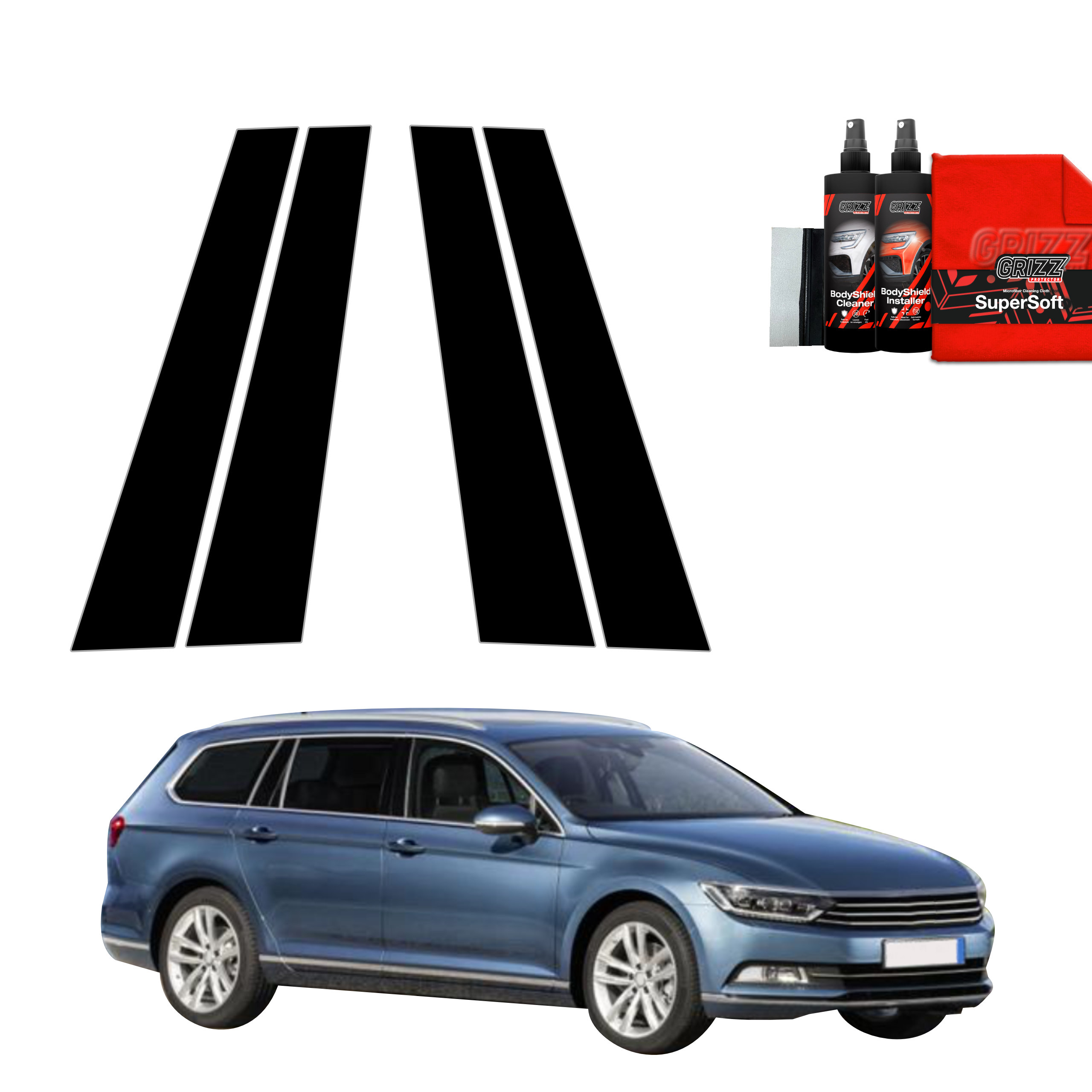 GrizzProtector 4in1 Black B-C Pillar Protectors for Volkswagen Passat B8 Kombi (2014-2022) with bottles, cloth, applicator.