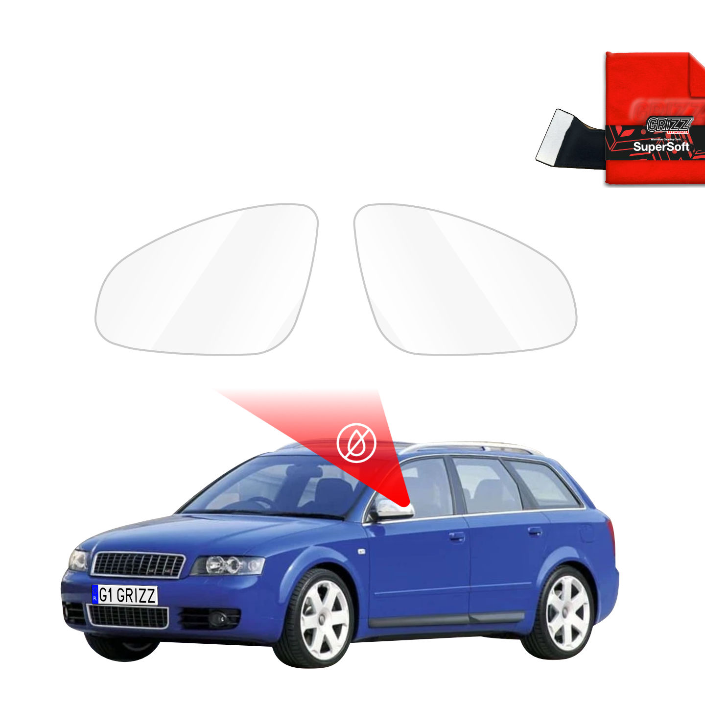 Two GrizzProtector Regenschutzfolie for Audi A4 B6 Avant mirrors with cleaning cloth by a highlighted blue station wagon.